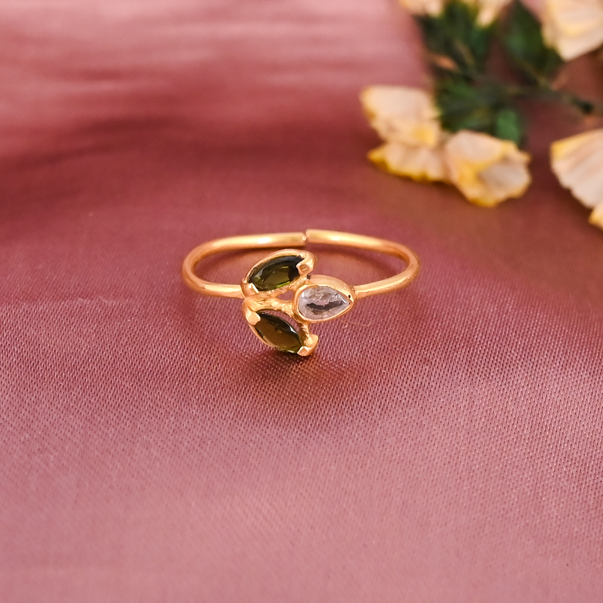 Natural Tourmaline CZ Gemstone Gold Plated Adjustable Brass Ring for Women