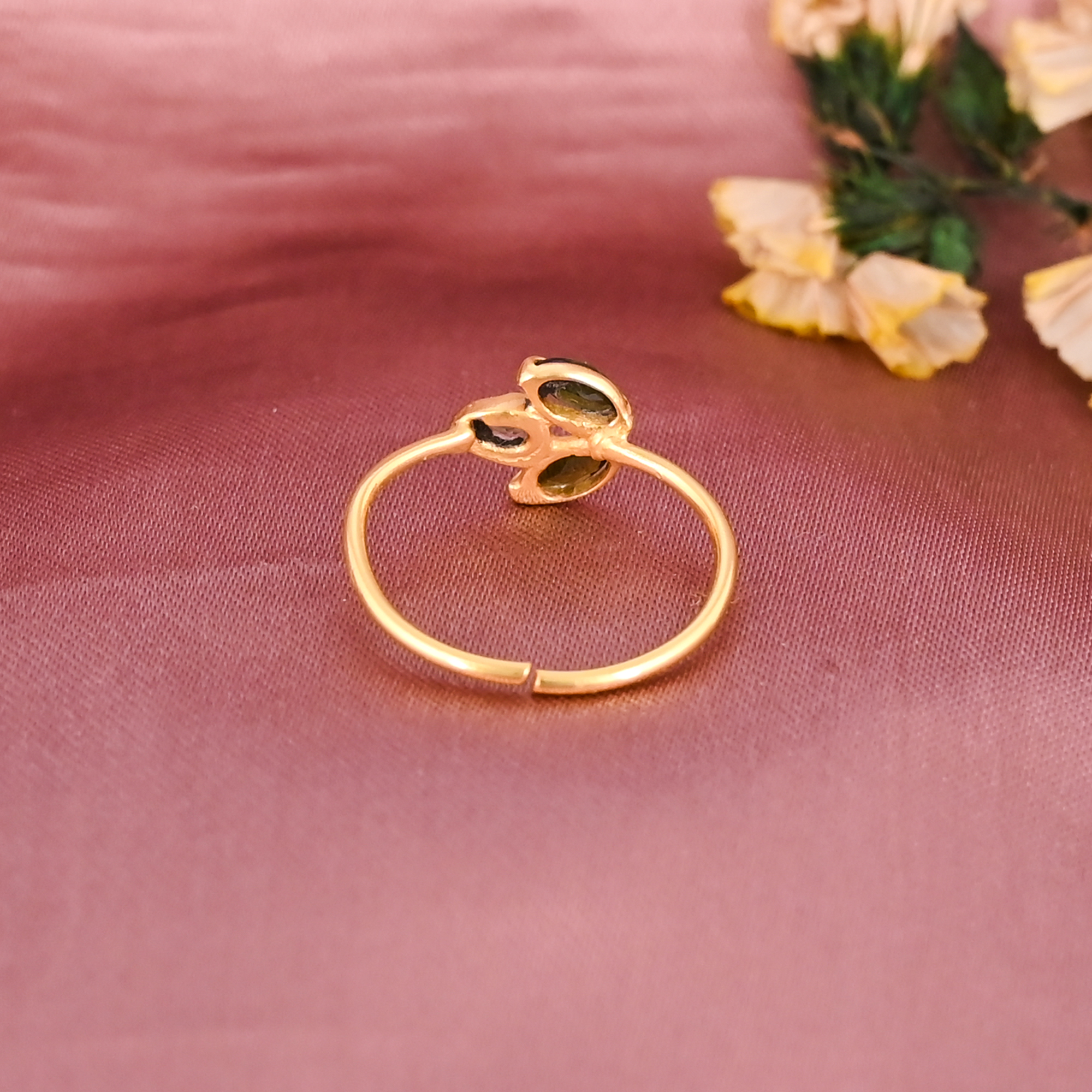 Natural Tourmaline CZ Gemstone Gold Plated Adjustable Brass Ring for Women