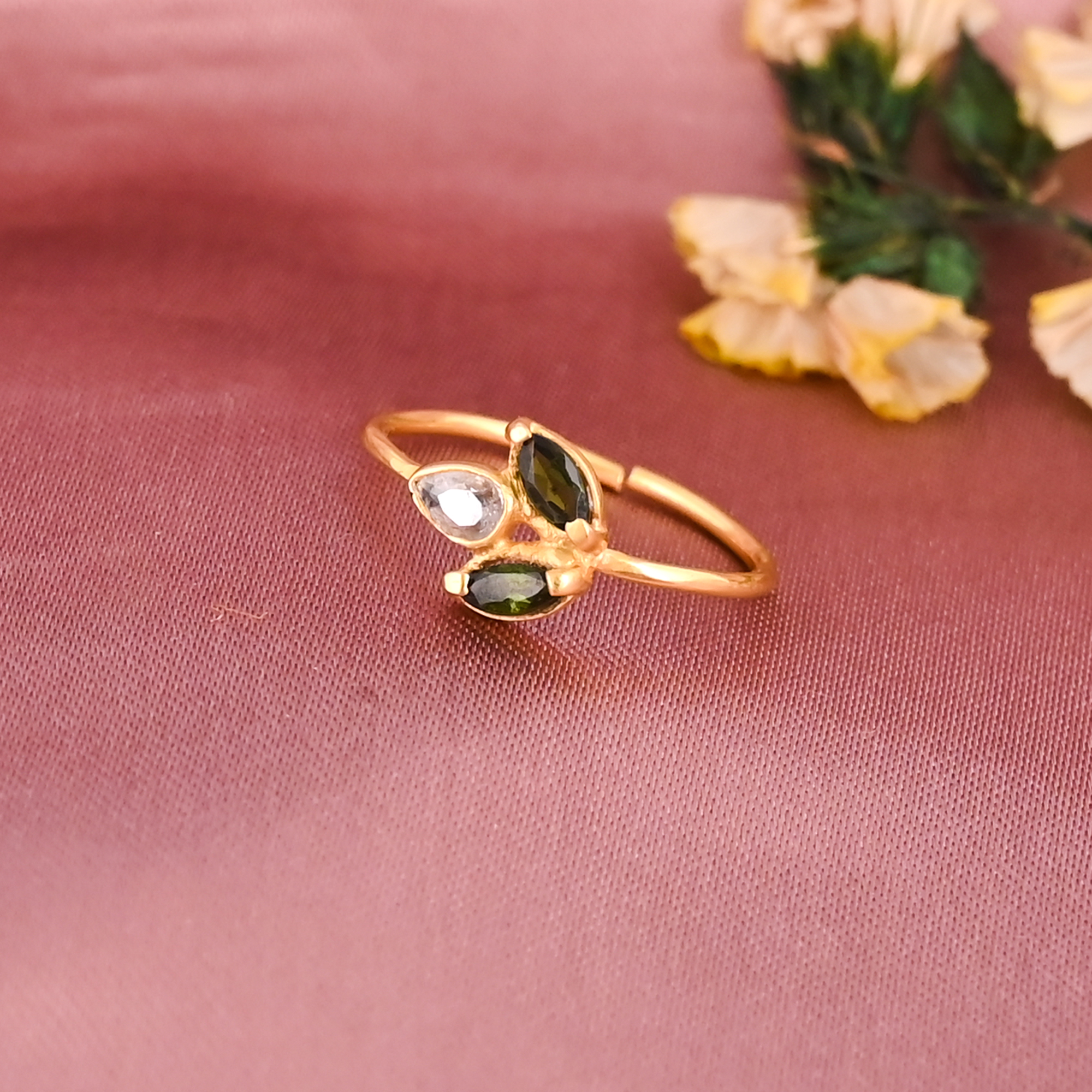 Natural Tourmaline CZ Gemstone Gold Plated Adjustable Brass Ring for Women