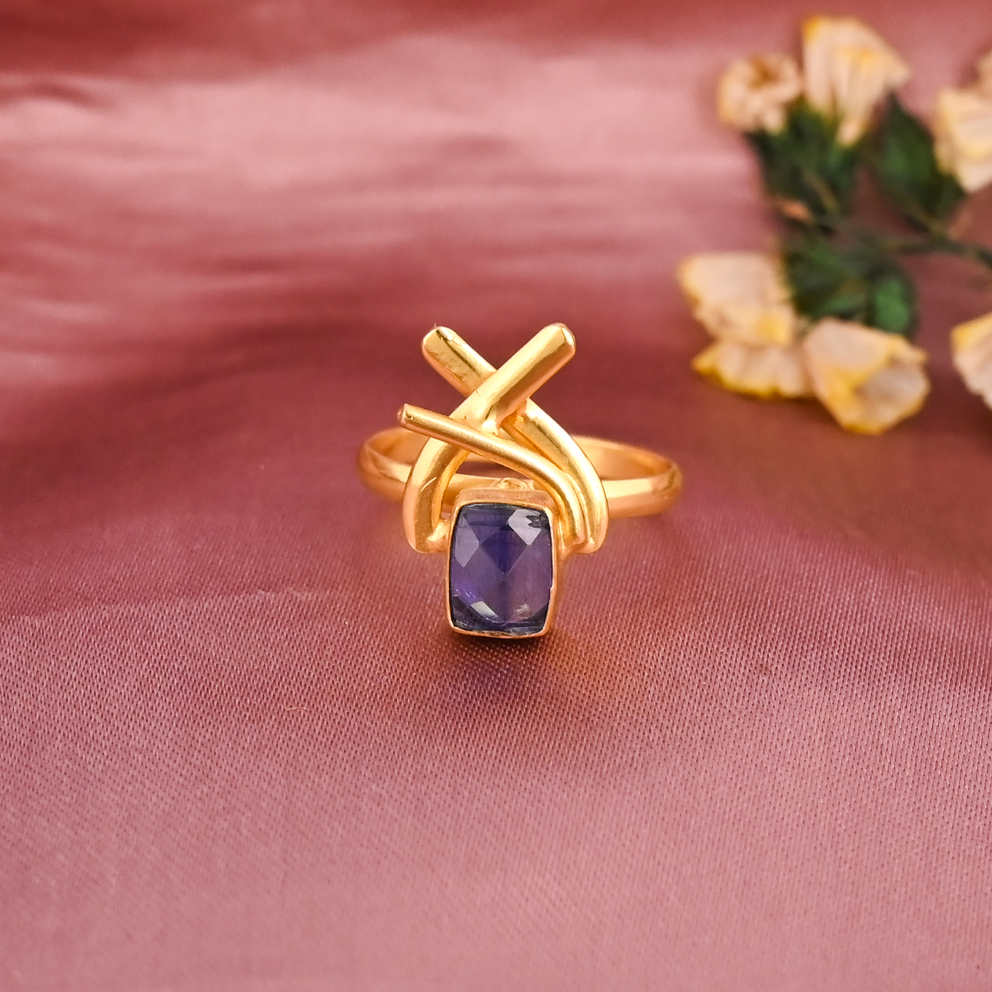 Natural Blue Kyanite Gold Plated Adjustable Brass Ring for Women