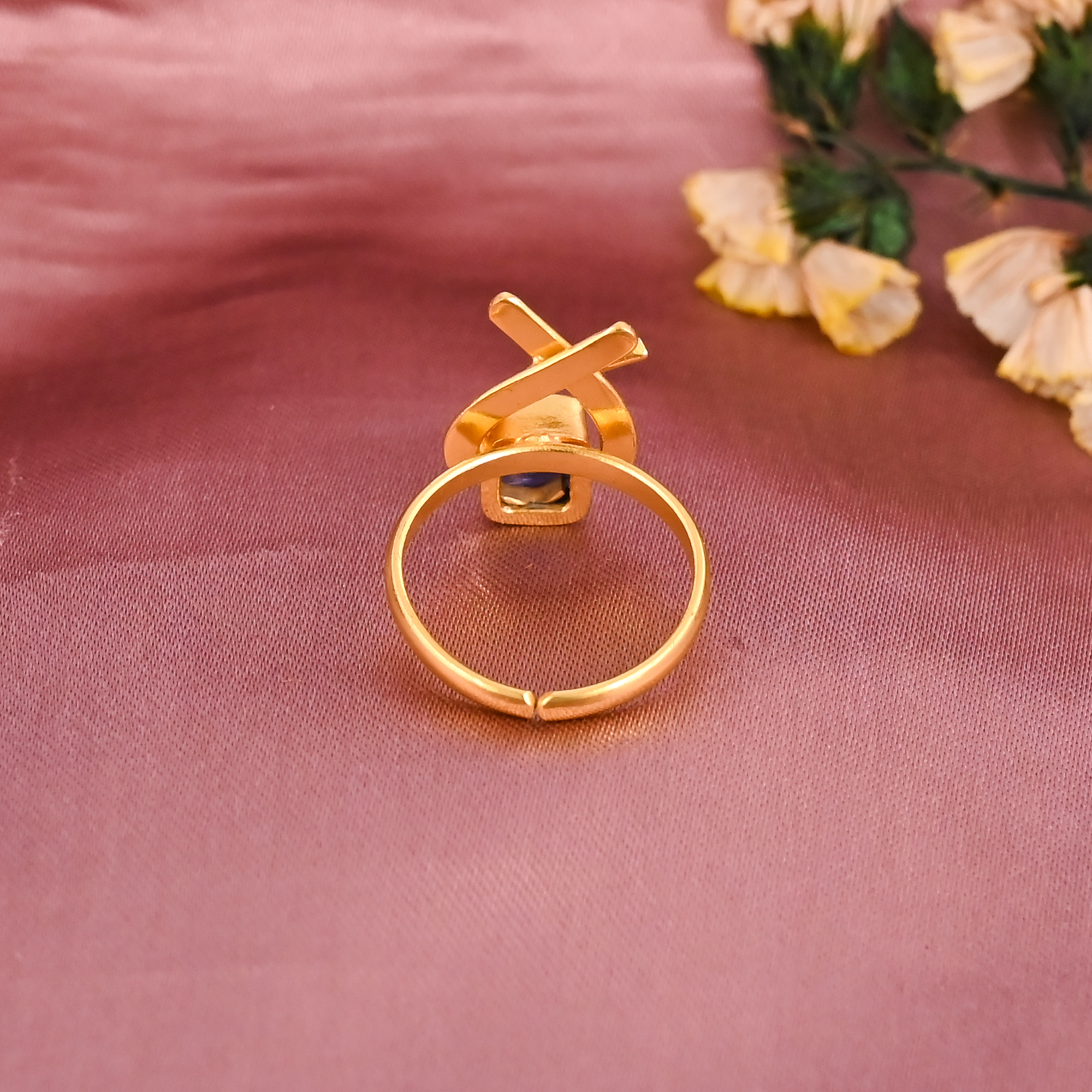 Natural Blue Kyanite Gold Plated Adjustable Brass Ring for Women