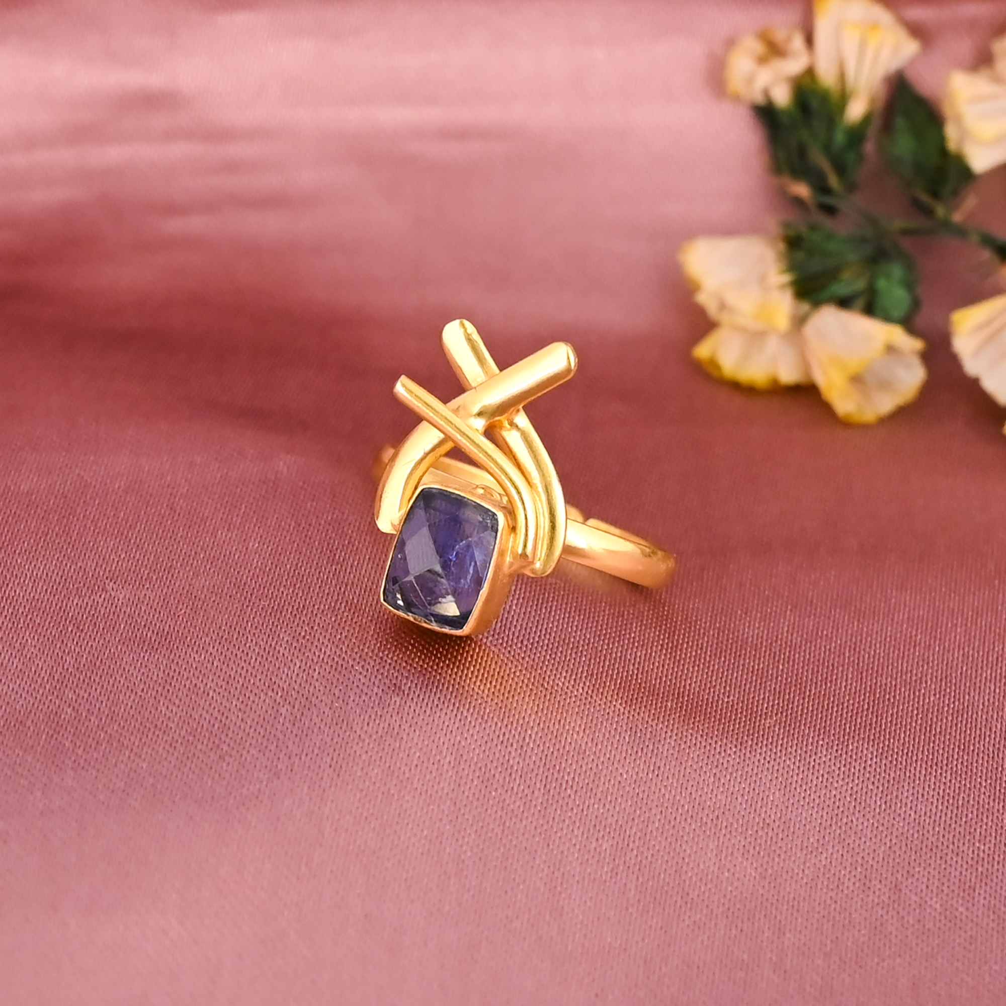 Natural Blue Kyanite Gold Plated Adjustable Brass Ring for Women