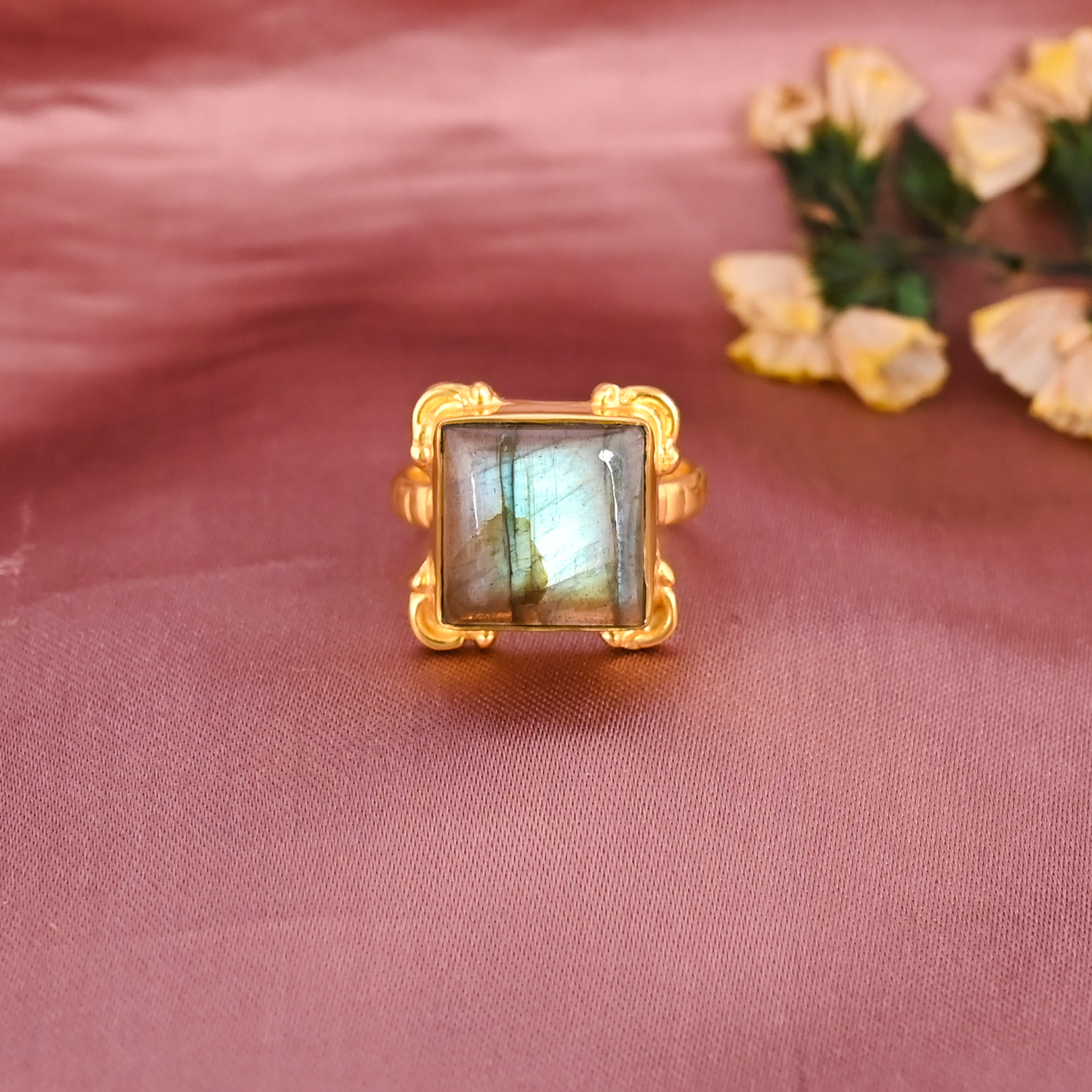 Natural Labradorite Gemstone Gold Plated Brass Ring for Women