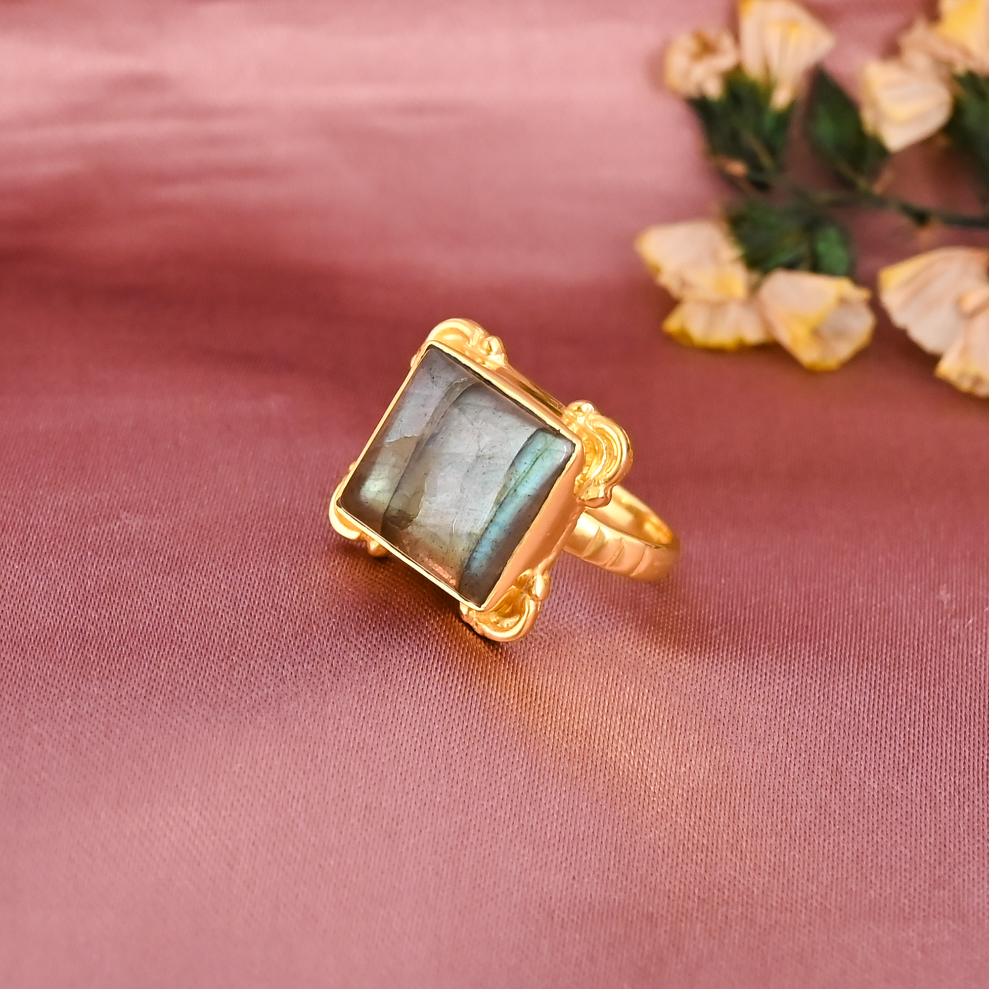 Natural Labradorite Gemstone Gold Plated Brass Ring for Women
