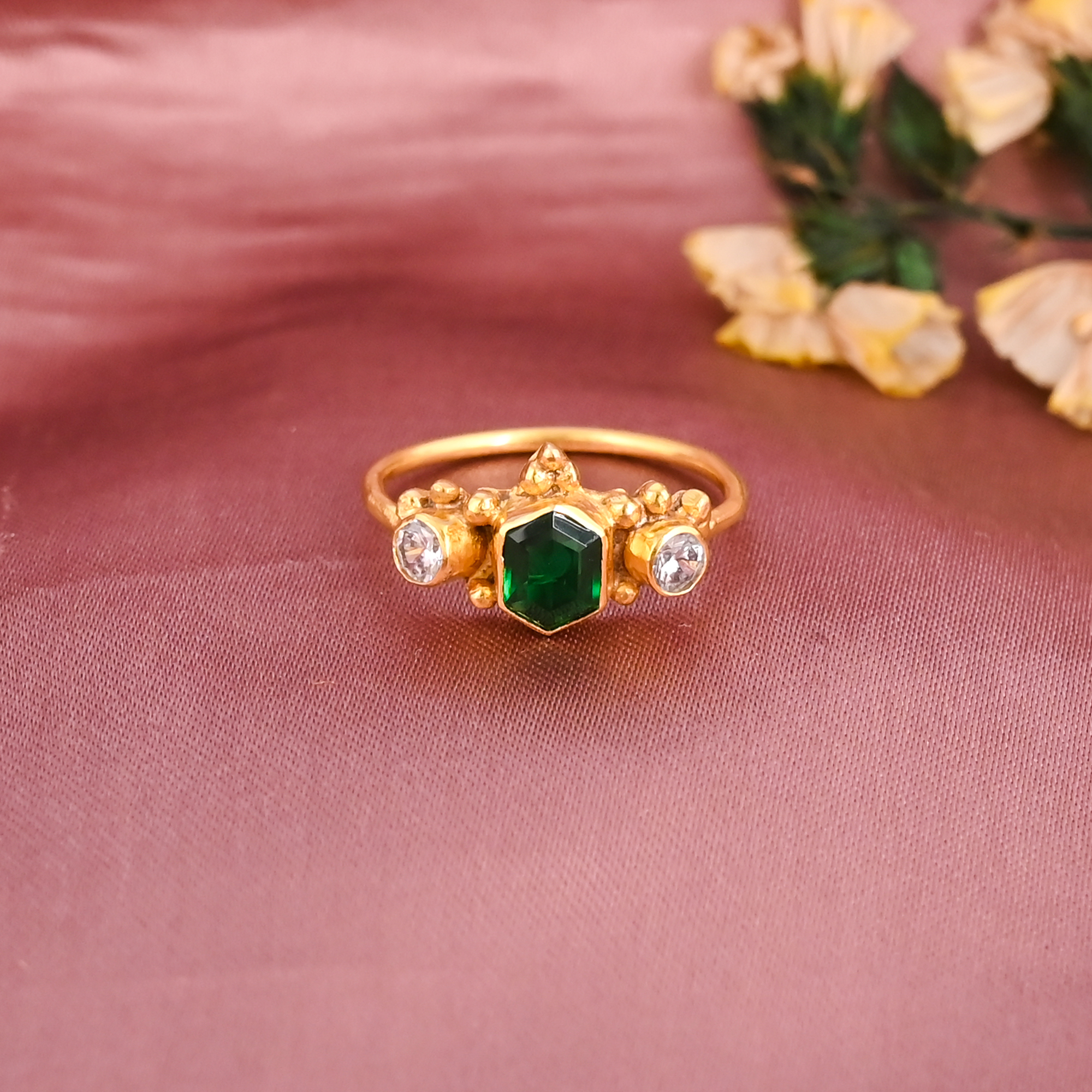 Elegant Emerald Hydro CZ Gold Plated Brass Ring Designer Jewelry for Women