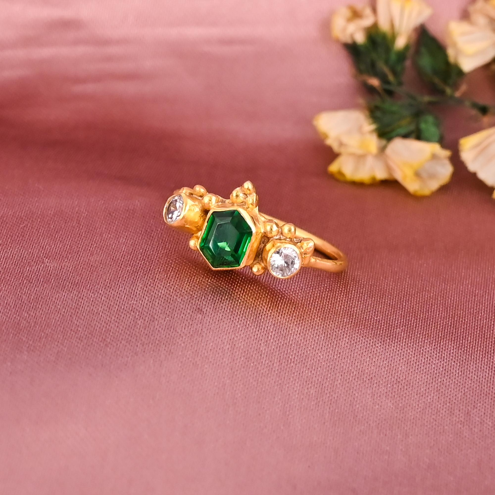 Elegant Emerald Hydro CZ Gold Plated Brass Ring Designer Jewelry for Women