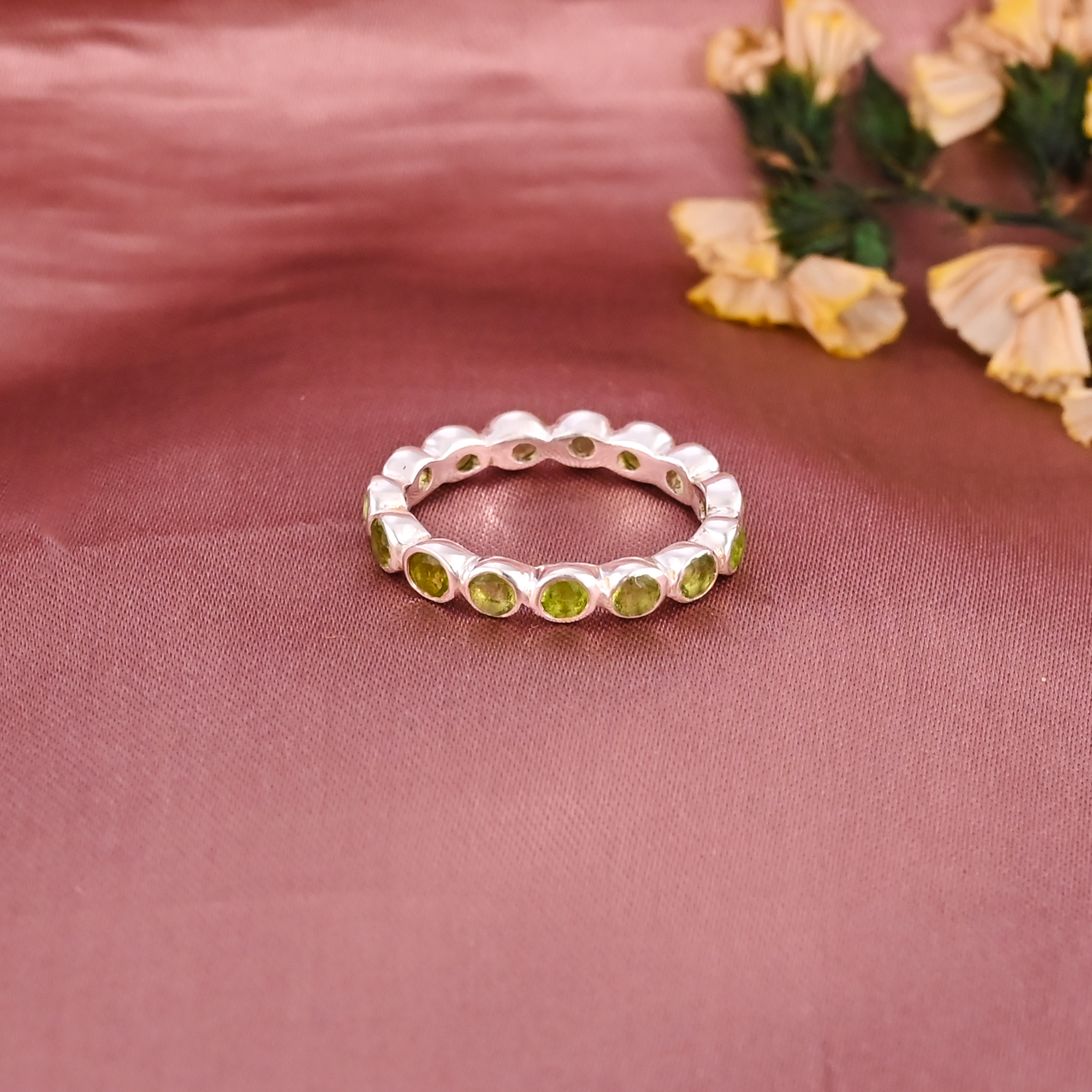 Natural Peridot Silver Plated Brass Ring Handmade Round Shape Jewelry for Women