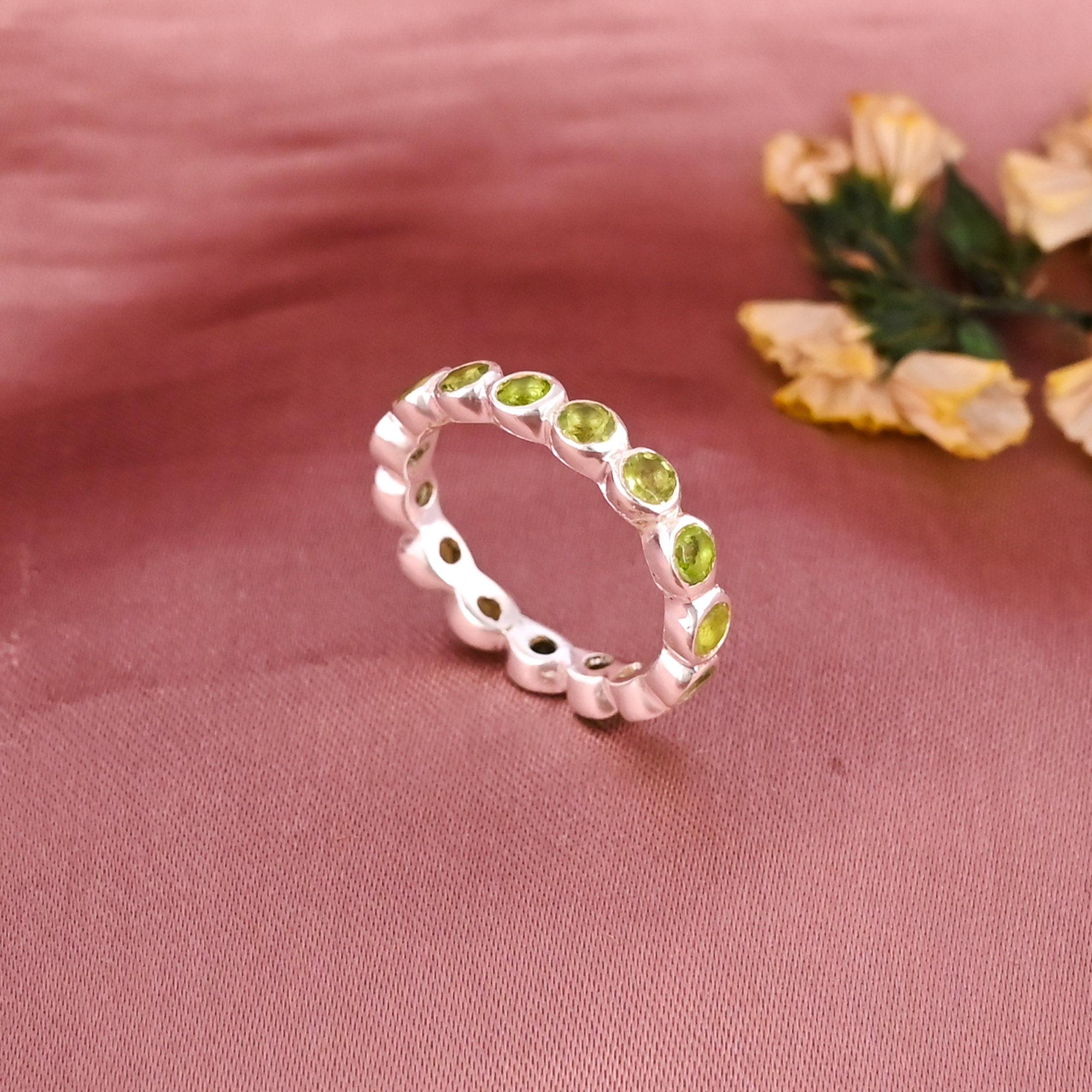 Natural Peridot Silver Plated Brass Ring Handmade Round Shape Jewelry for Women