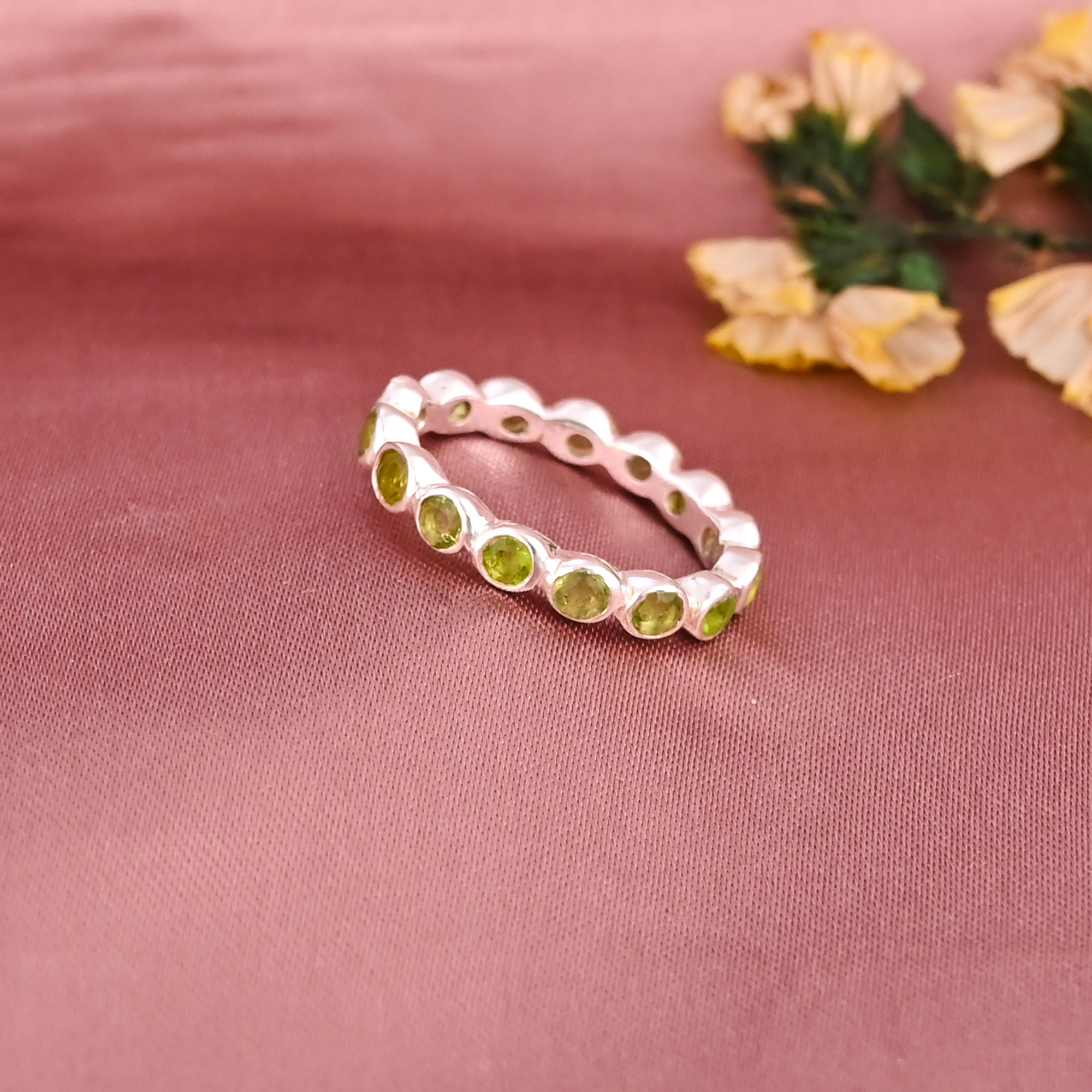 Natural Peridot Silver Plated Brass Ring Handmade Round Shape Jewelry for Women