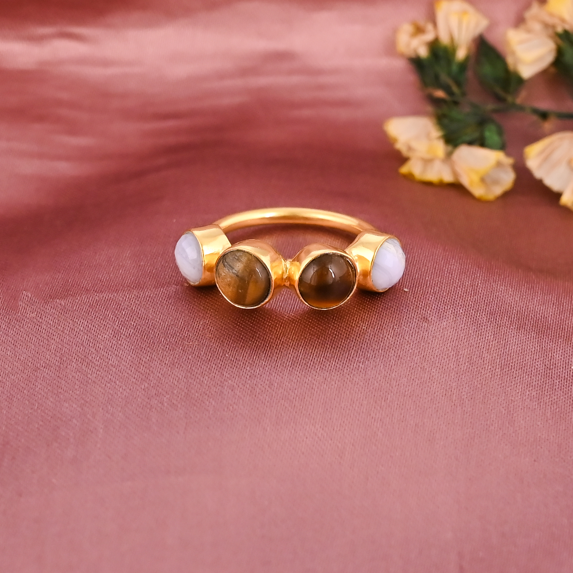 Natural Blue Lace Agate Tiger Eye Brass Ring Handmade Jewelry for Women
