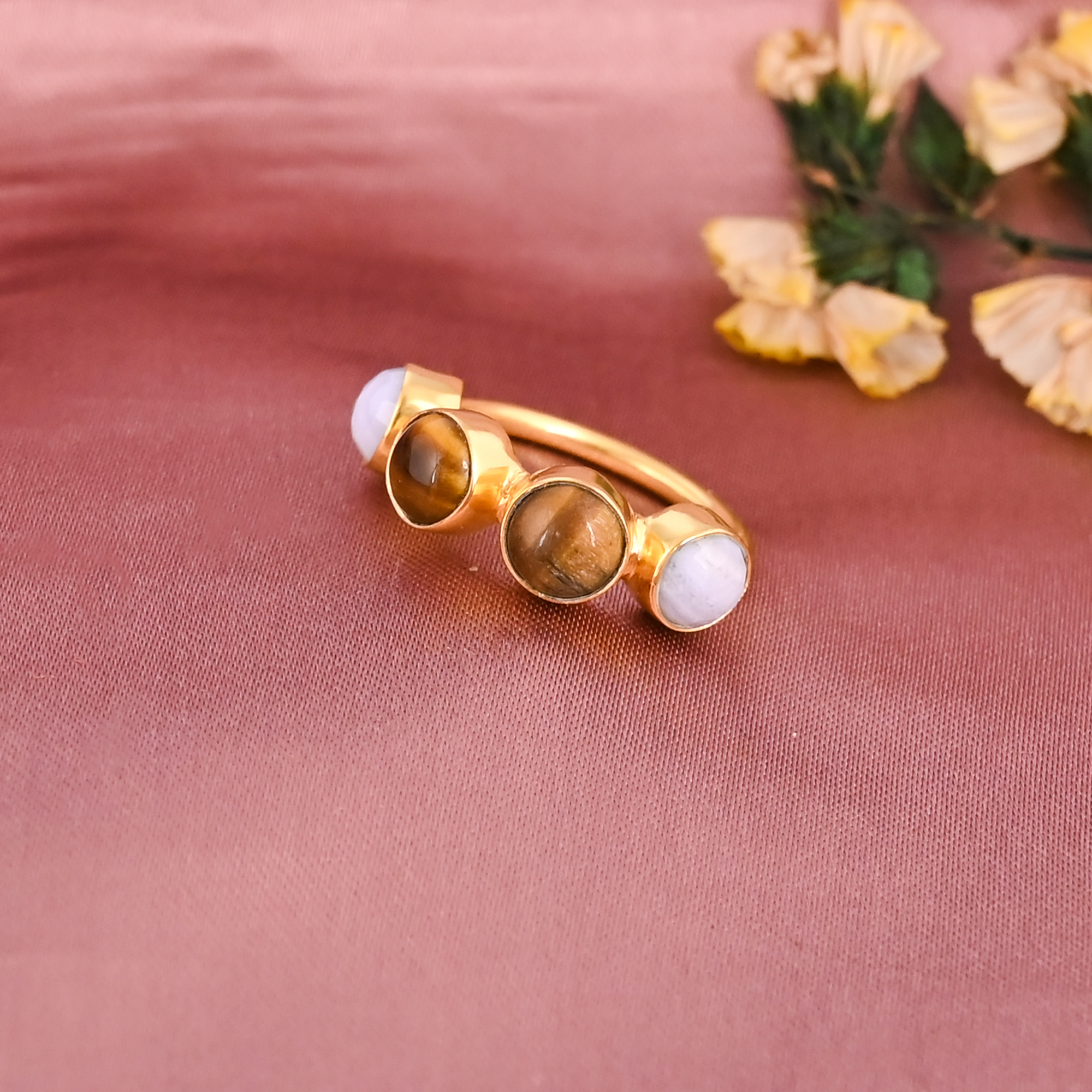 Natural Blue Lace Agate Tiger Eye Brass Ring Handmade Jewelry for Women