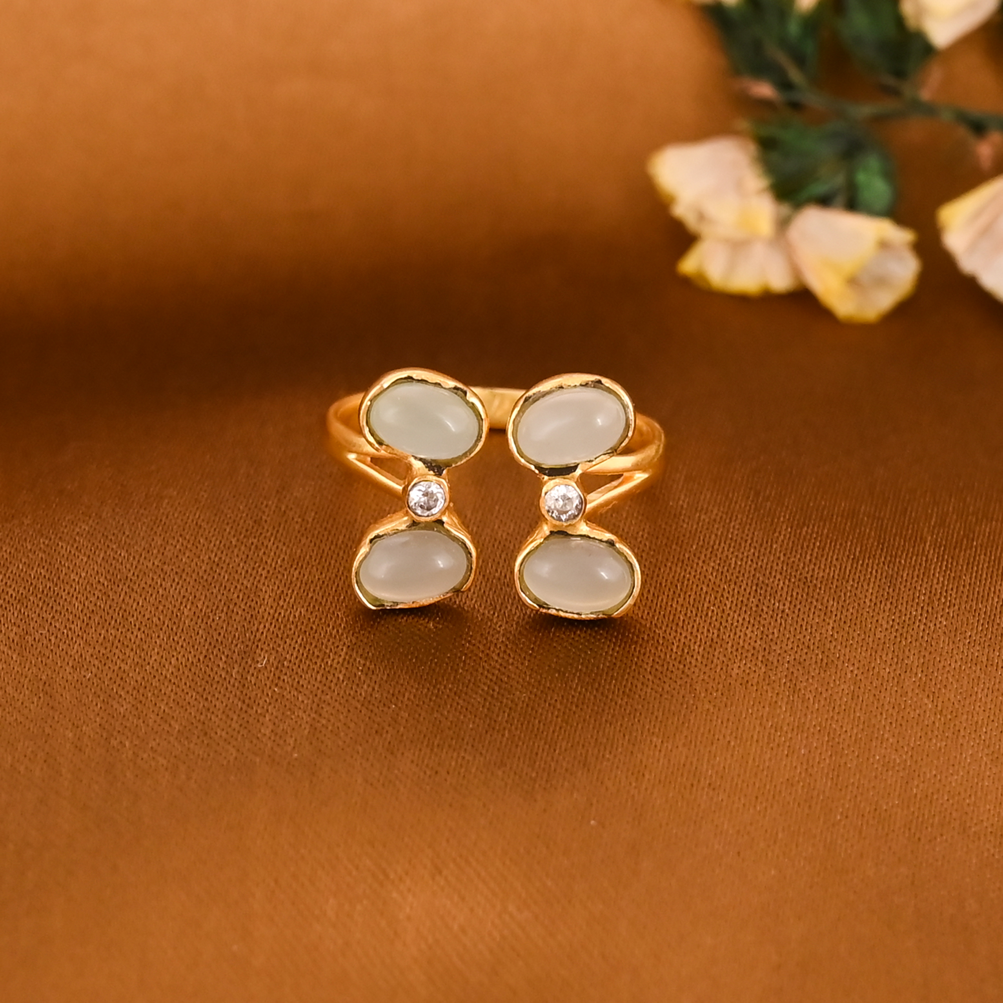 Aqua Chalcedony Cubic Zirconia Gold Plated Adjustable Brass Ring Handmade Jewelry for Women