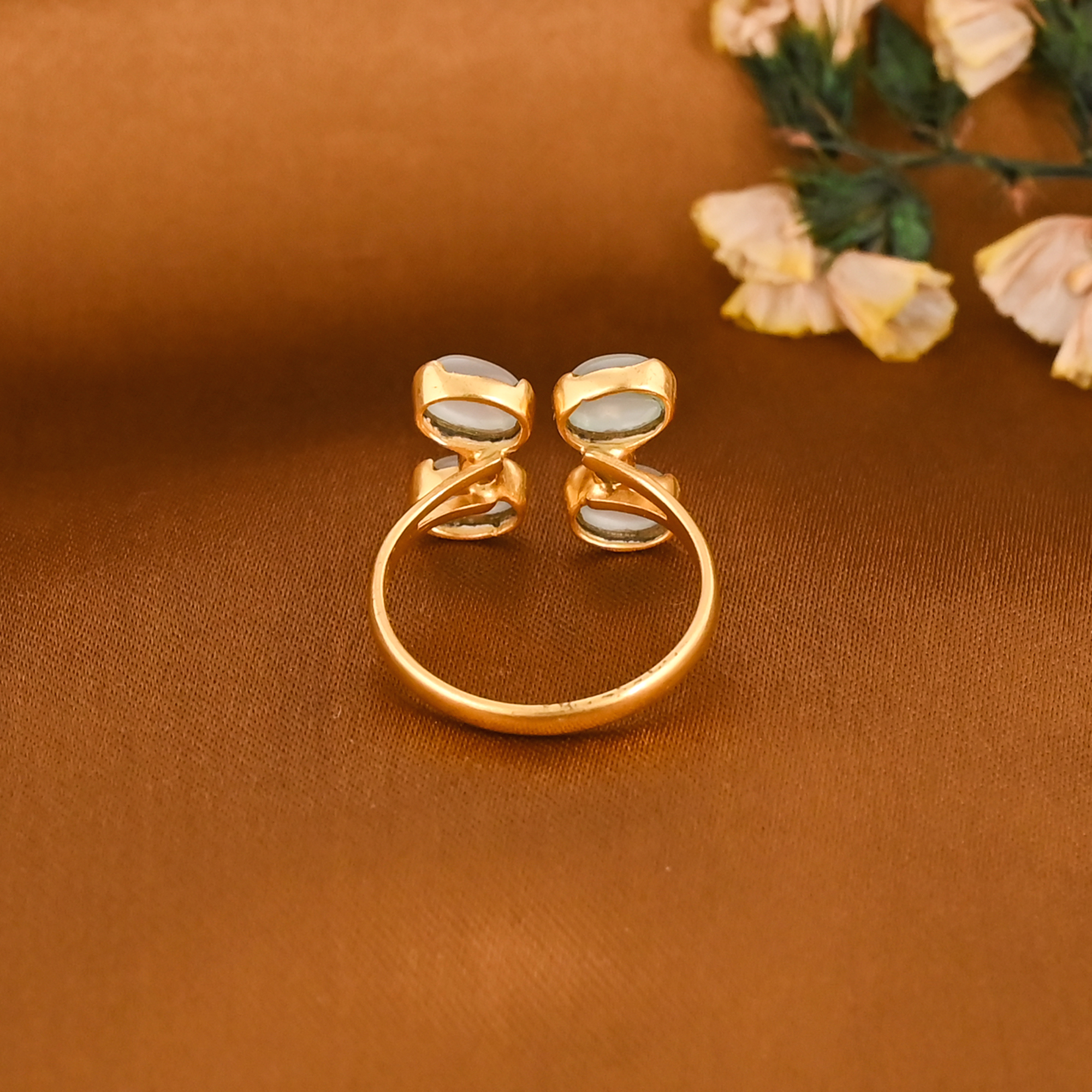 Aqua Chalcedony Cubic Zirconia Gold Plated Adjustable Brass Ring Handmade Jewelry for Women
