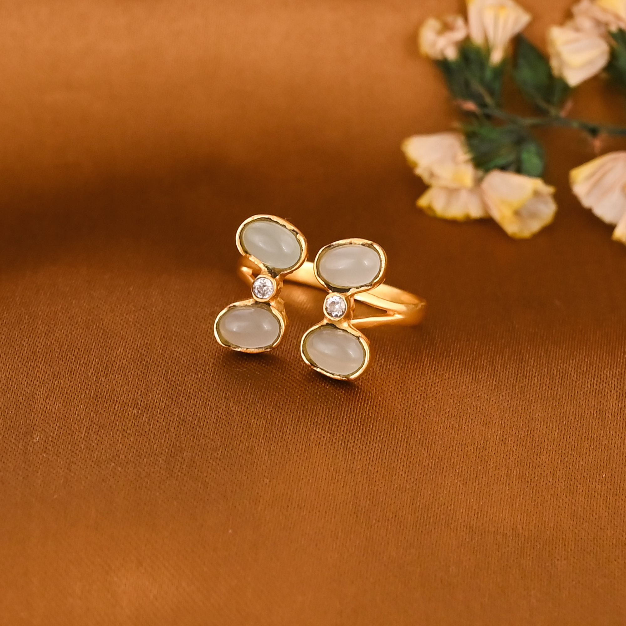 Aqua Chalcedony Cubic Zirconia Gold Plated Adjustable Brass Ring Handmade Jewelry for Women