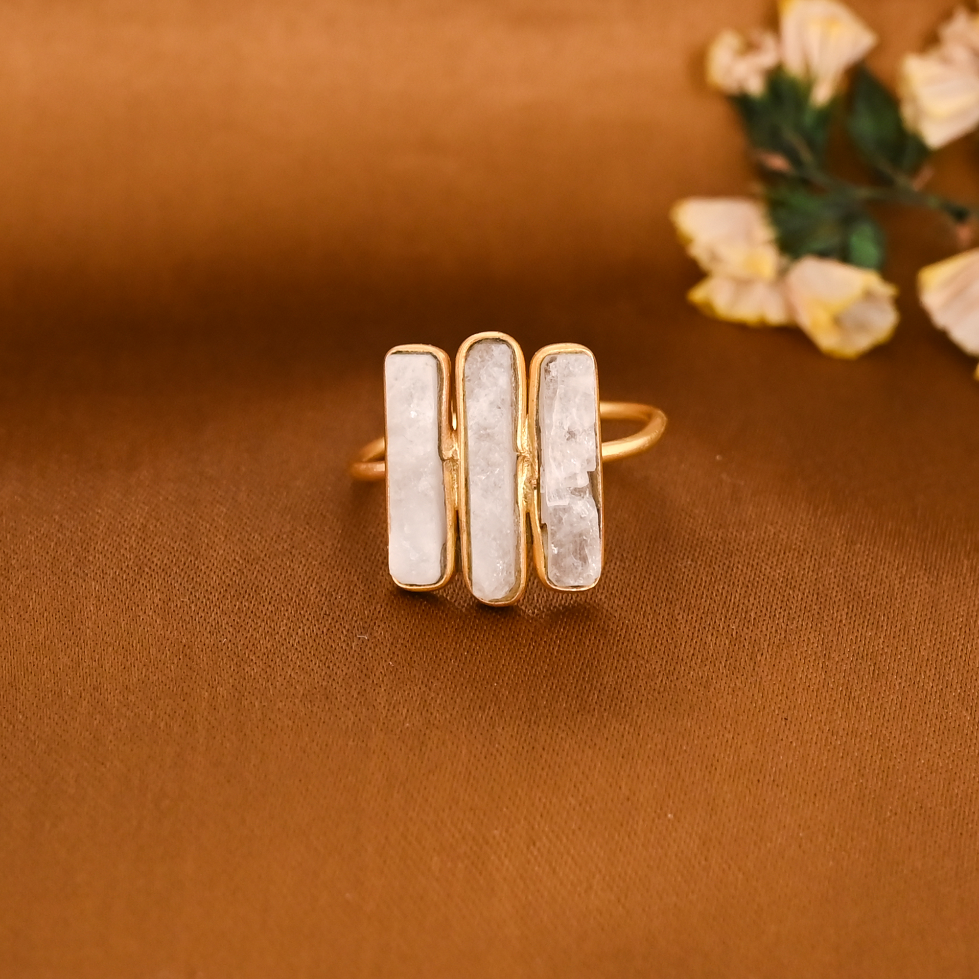 Natural Rainbow Moonstone Triple Bar Gold Plated Brass Adjustable Ring for Women