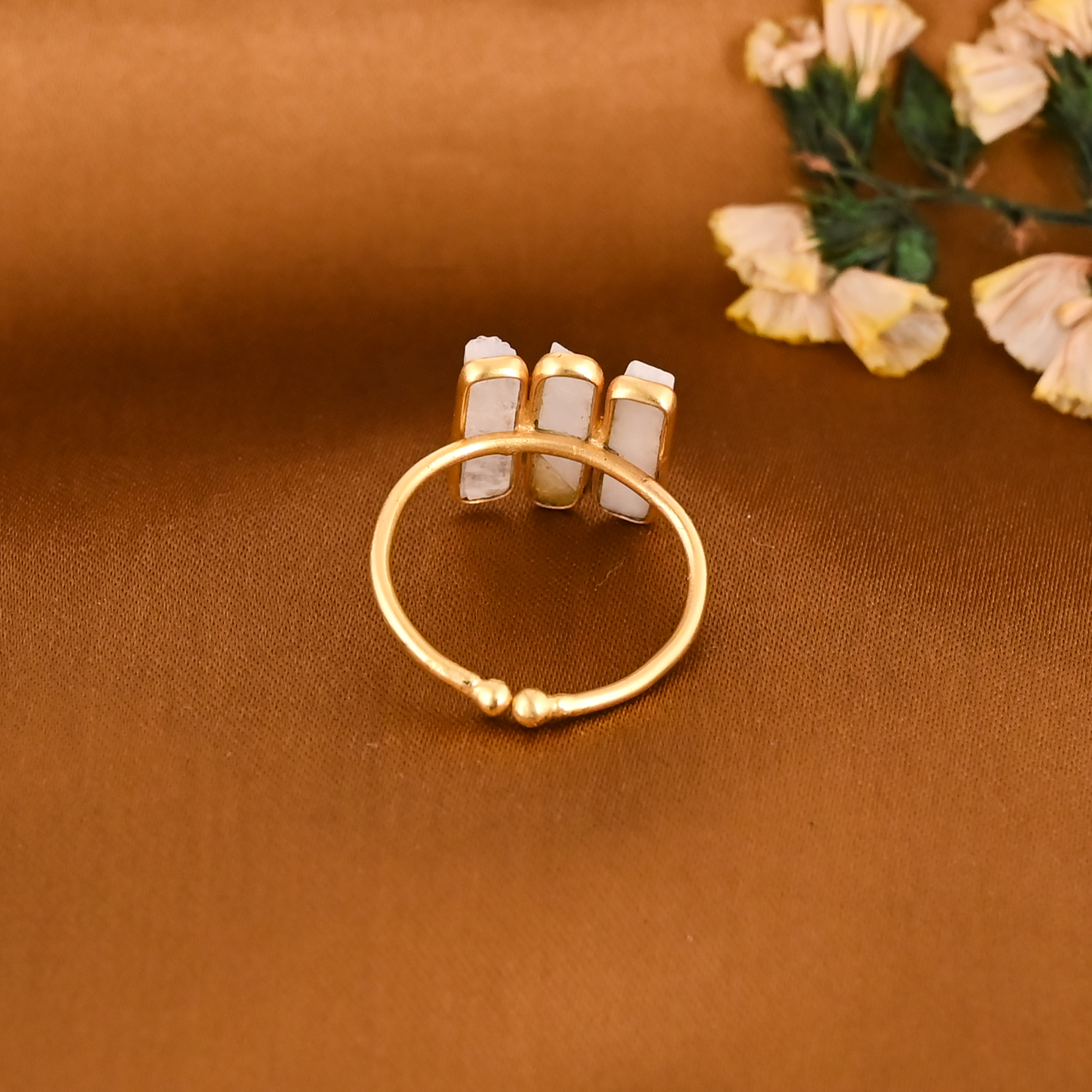 Natural Rainbow Moonstone Triple Bar Gold Plated Brass Adjustable Ring for Women