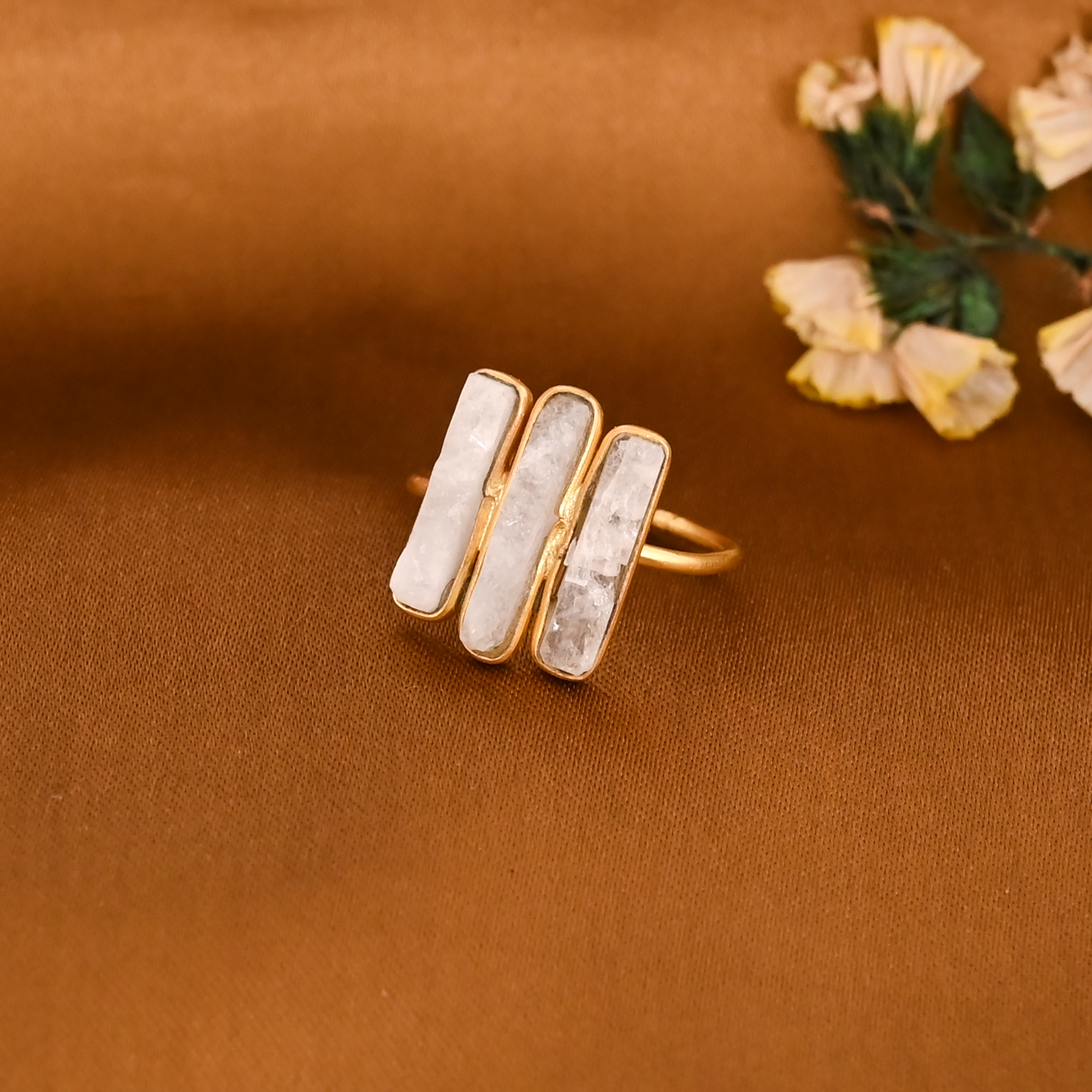Natural Rainbow Moonstone Triple Bar Gold Plated Brass Adjustable Ring for Women