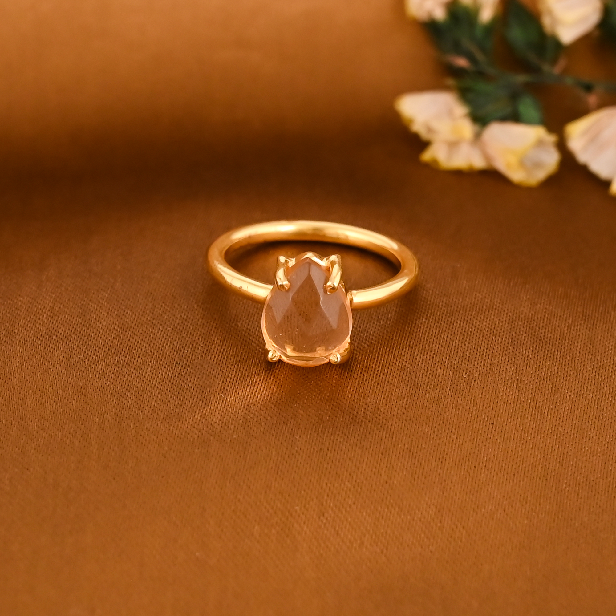 Natural Champagne Quartz Gold Plated Brass Ring Handmade Jewelry for Women
