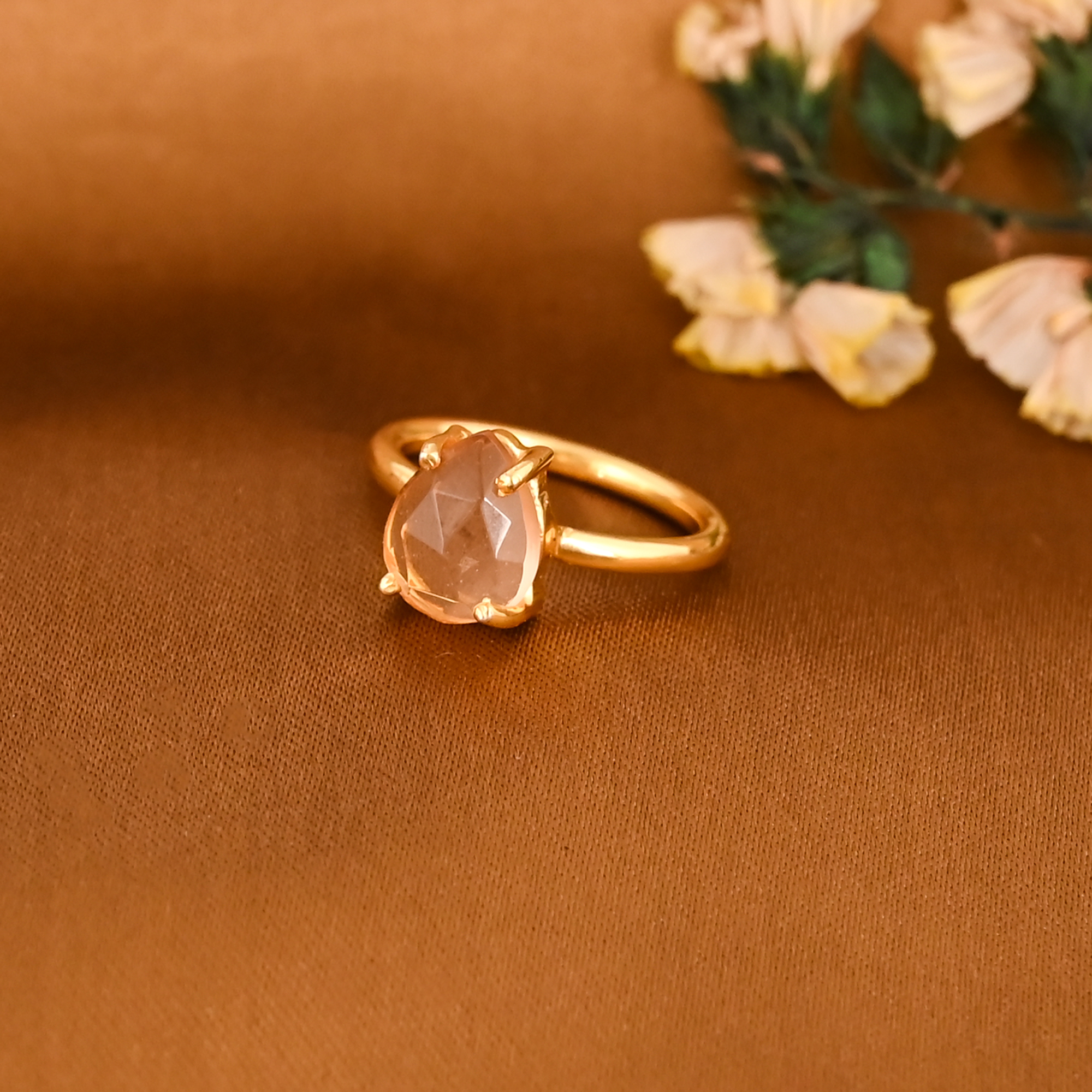Natural Champagne Quartz Gold Plated Brass Ring Handmade Jewelry for Women