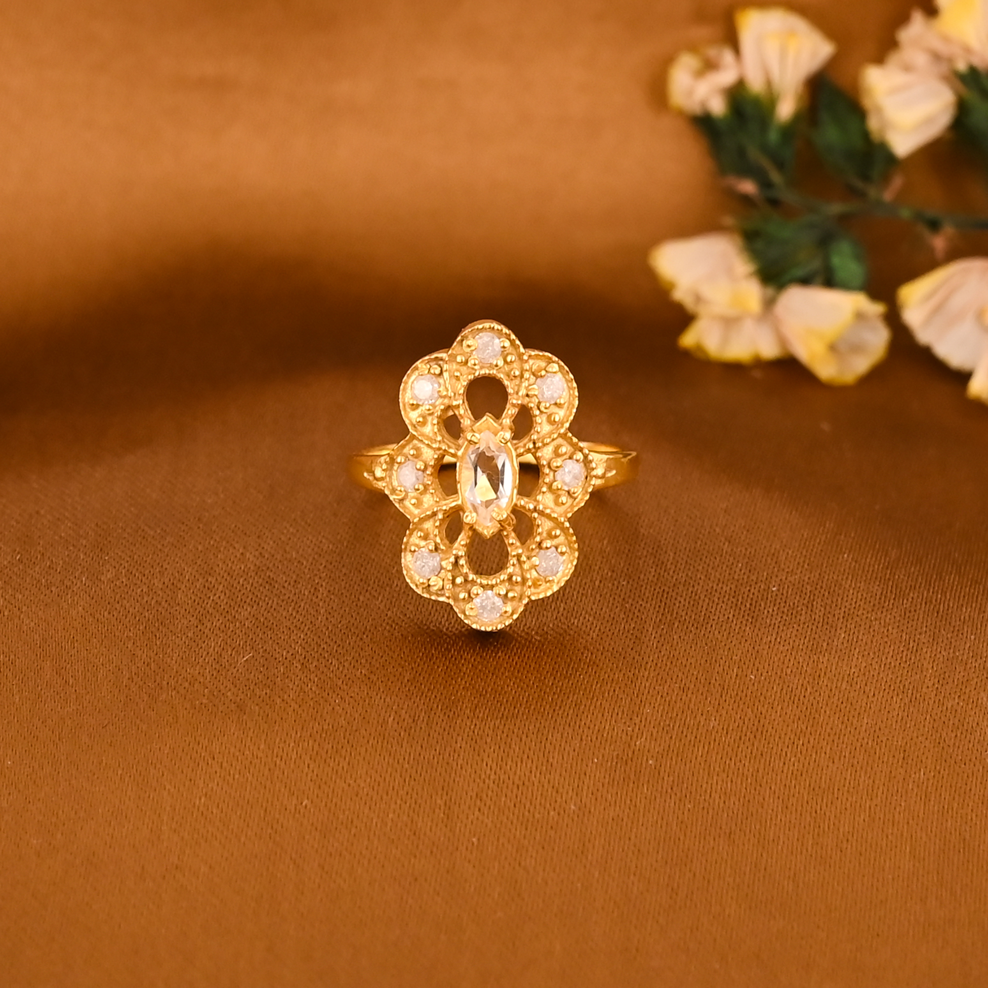 Floral Cubic Zirconia Gold Plated Brass Ring Handmade Stylish Jewelry for Women