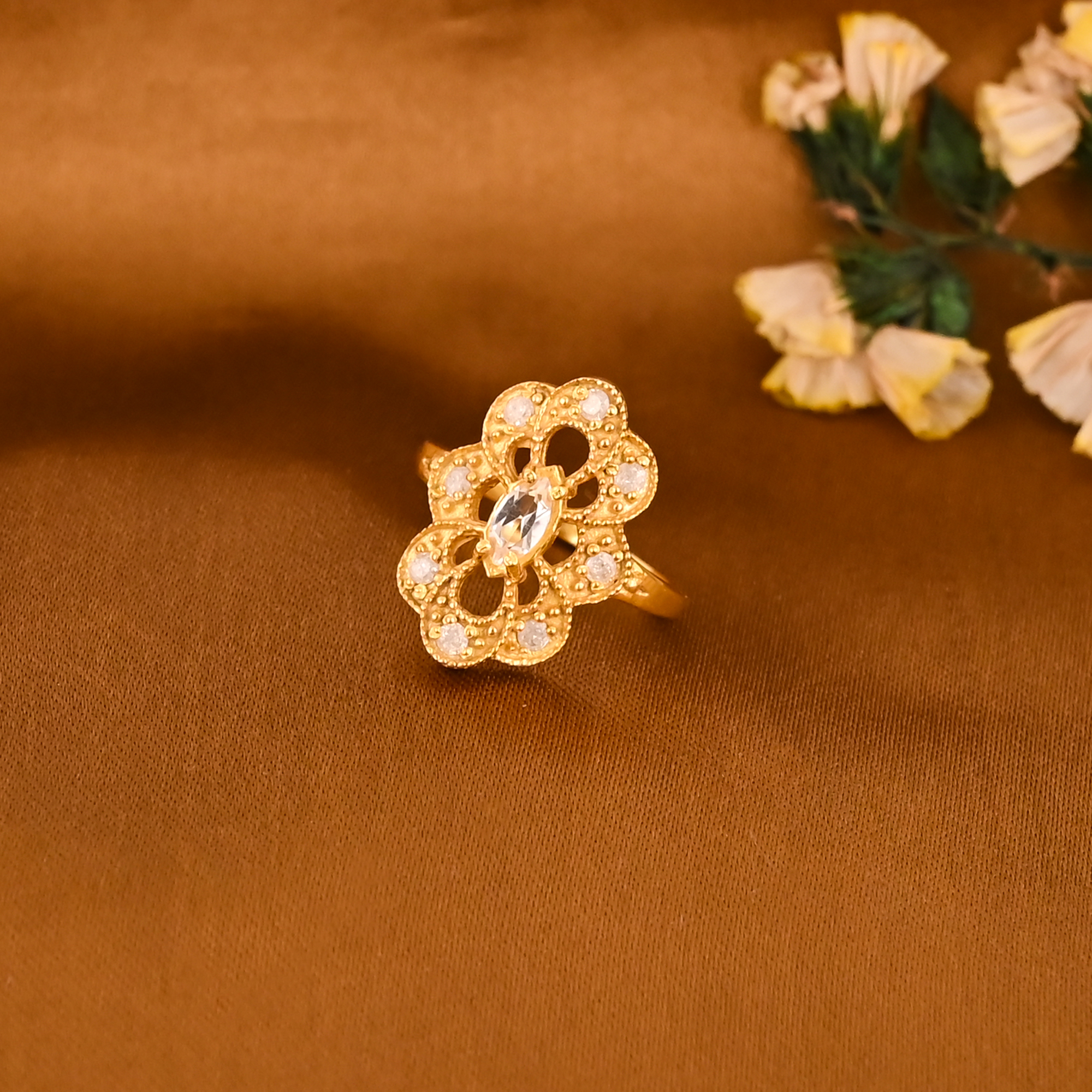 Floral Cubic Zirconia Gold Plated Brass Ring Handmade Stylish Jewelry for Women