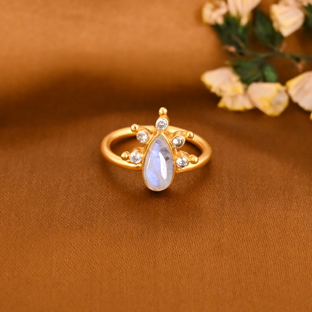 Image of Natural Rainbow Moonstone &amp; CZ Gemstone Gold Plated Brass Ring Fashion Jewelry for Women