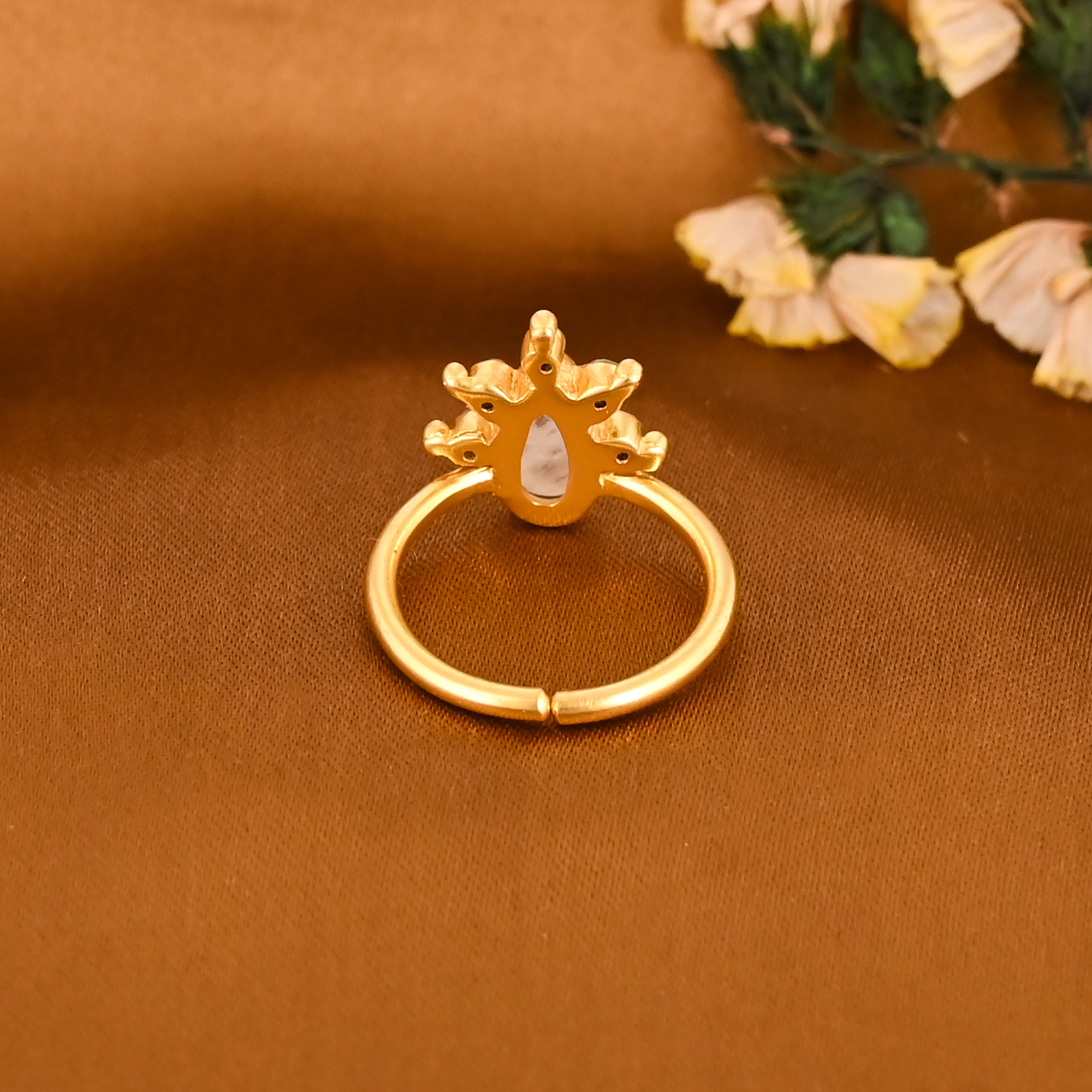 Natural Rainbow Moonstone CZ Gemstone Gold Plated Brass Ring Fashion Jewelry for Women