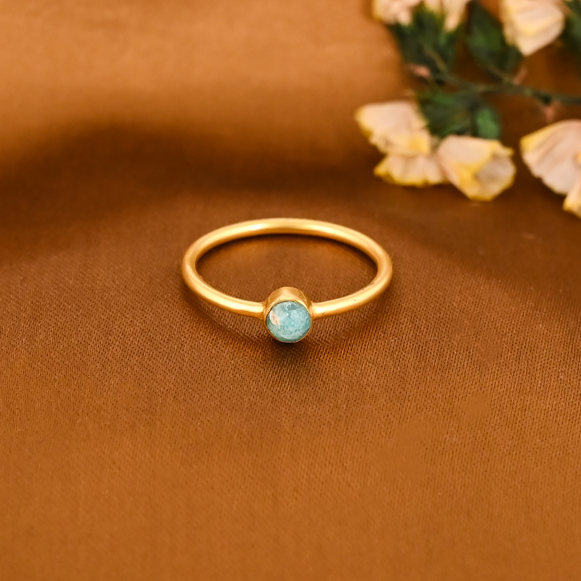 Natural Turquoise Gemstone Gold Plated Brass Ring for Women