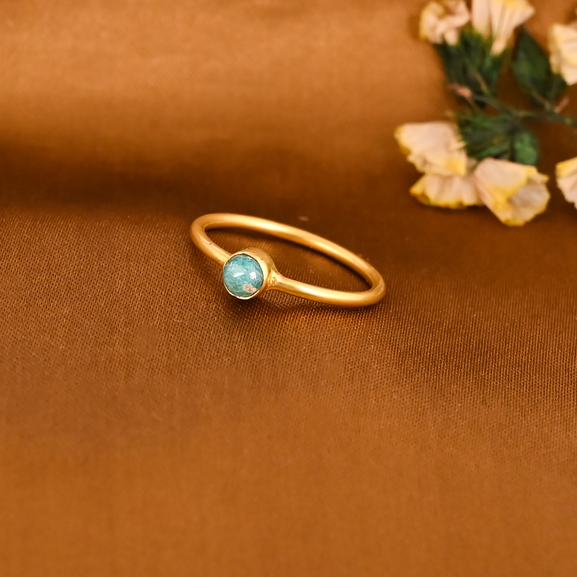 Natural Turquoise Gemstone Gold Plated Brass Ring for Women