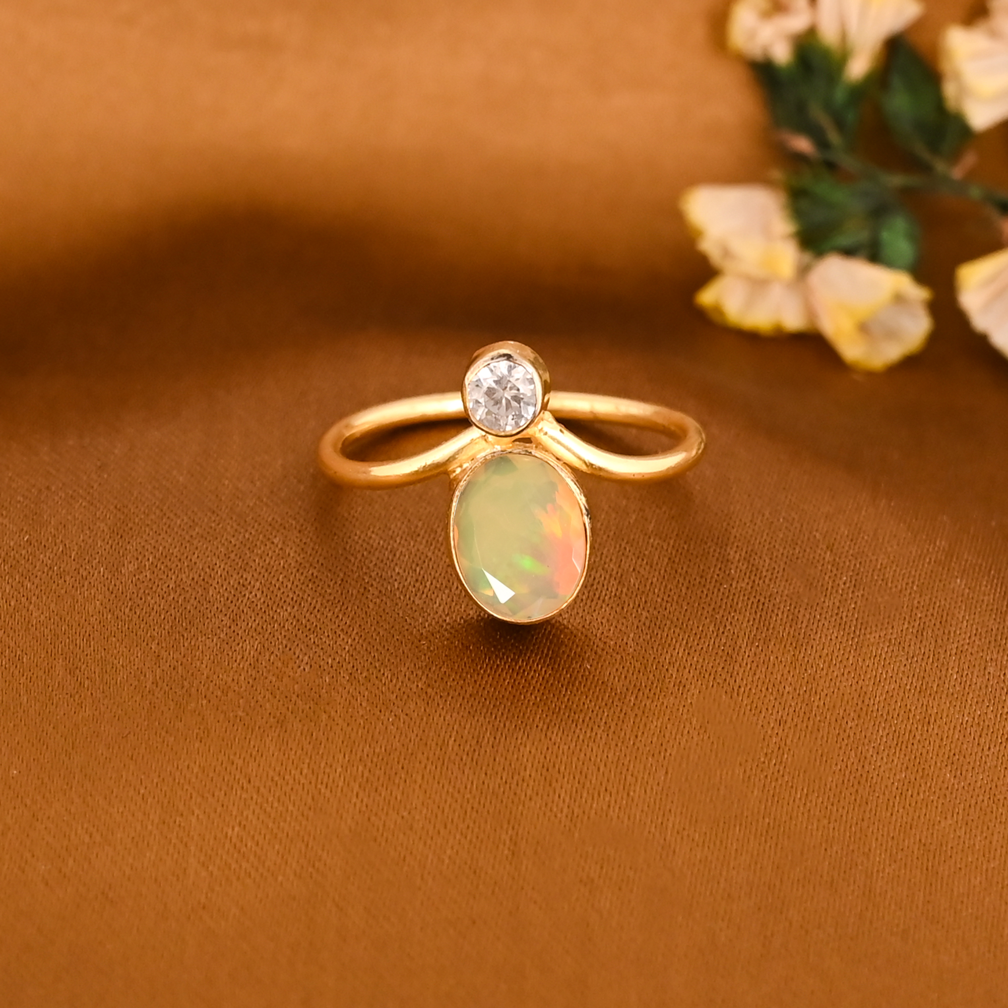 Elegant Ethiopian Opal CZ Gemstone Brass Ring Stylish Handmade Jewelry for Women