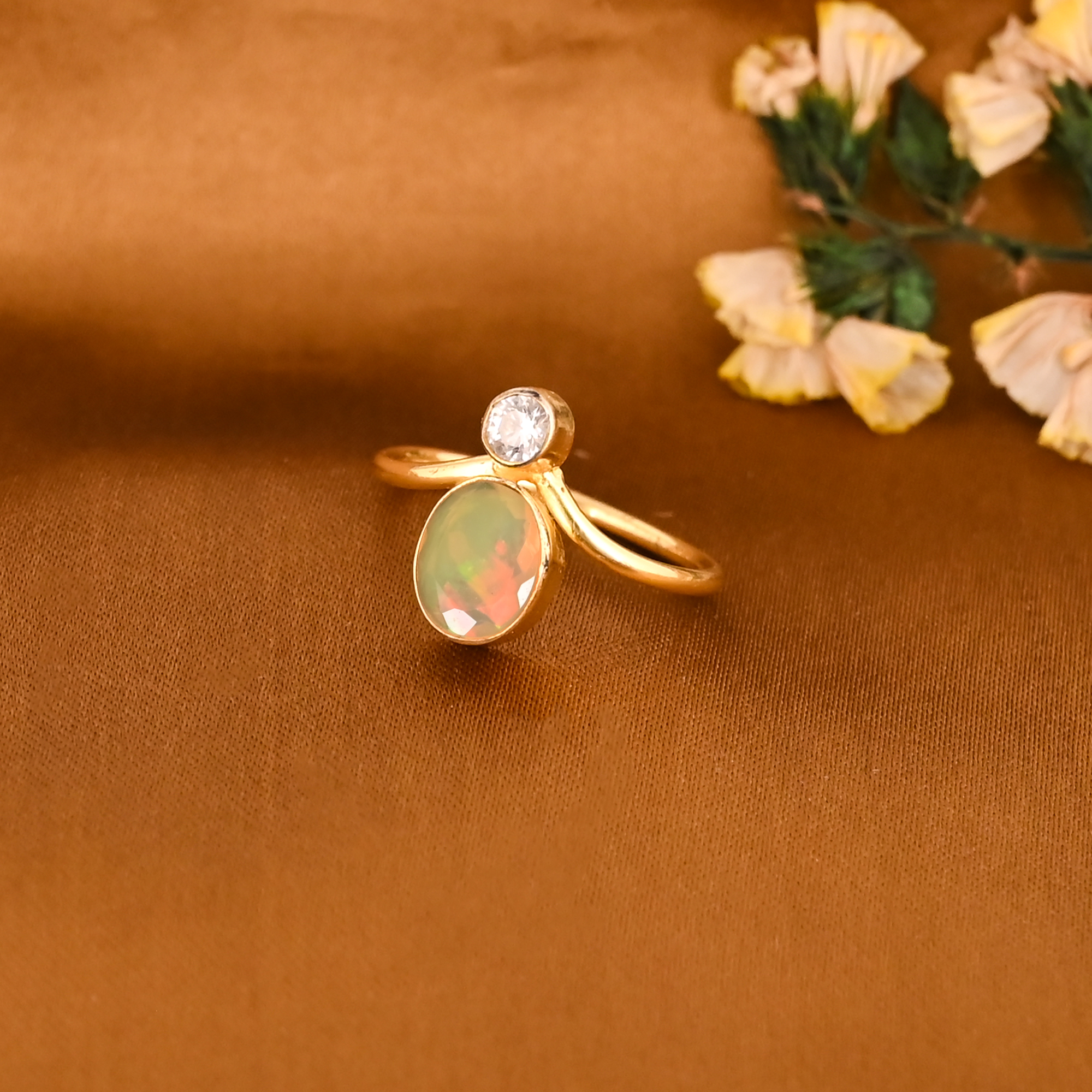 Elegant Ethiopian Opal CZ Gemstone Brass Ring Stylish Handmade Jewelry for Women