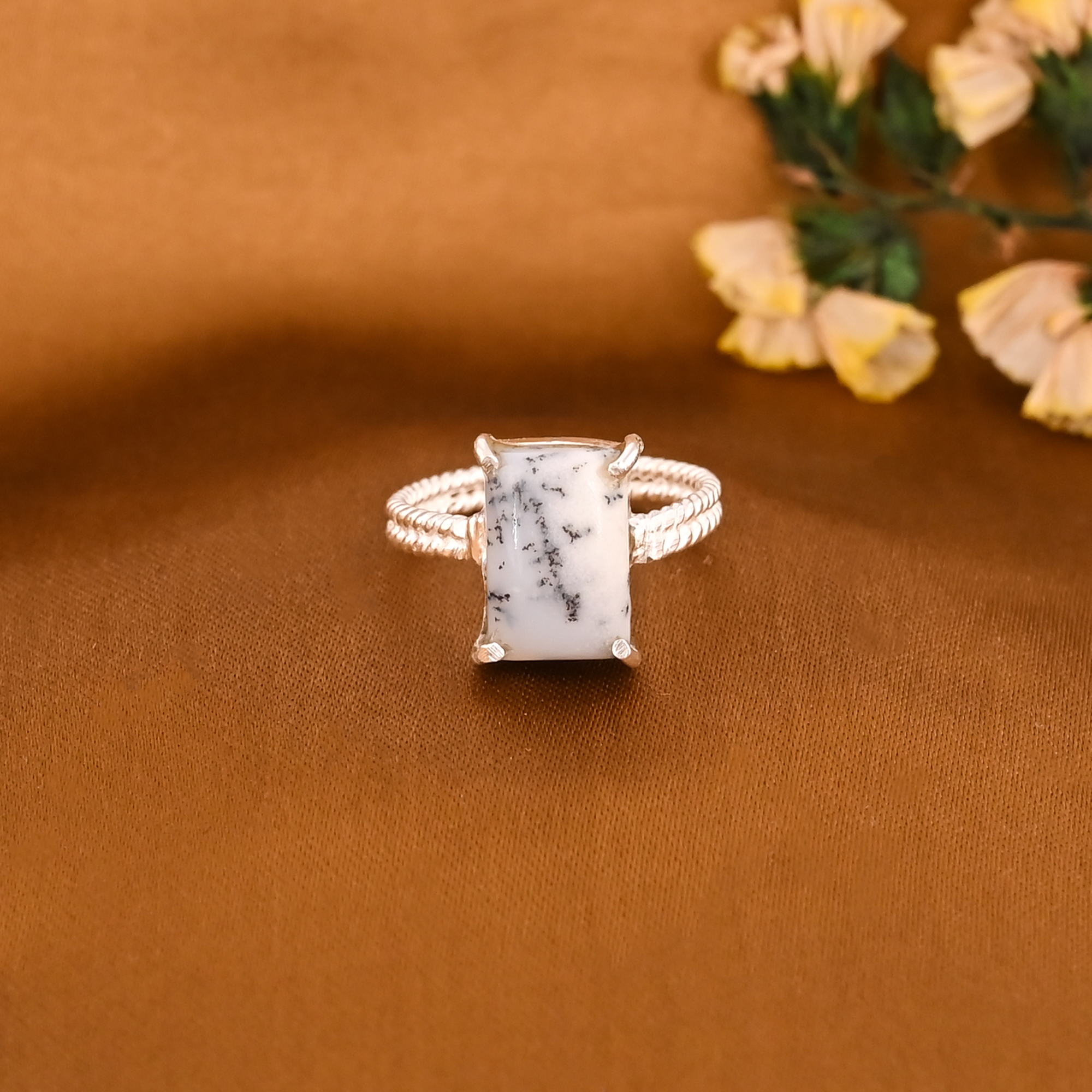 Natural Dendritic Opal Gemstone Brass Ring Handmade Jewelry for Women