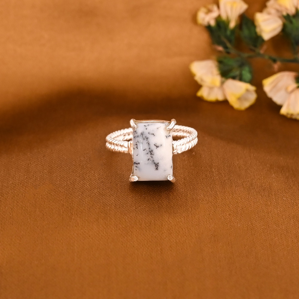 Image of Natural Dendritic Opal Gemstone Brass Ring Handmade Jewelry for Women