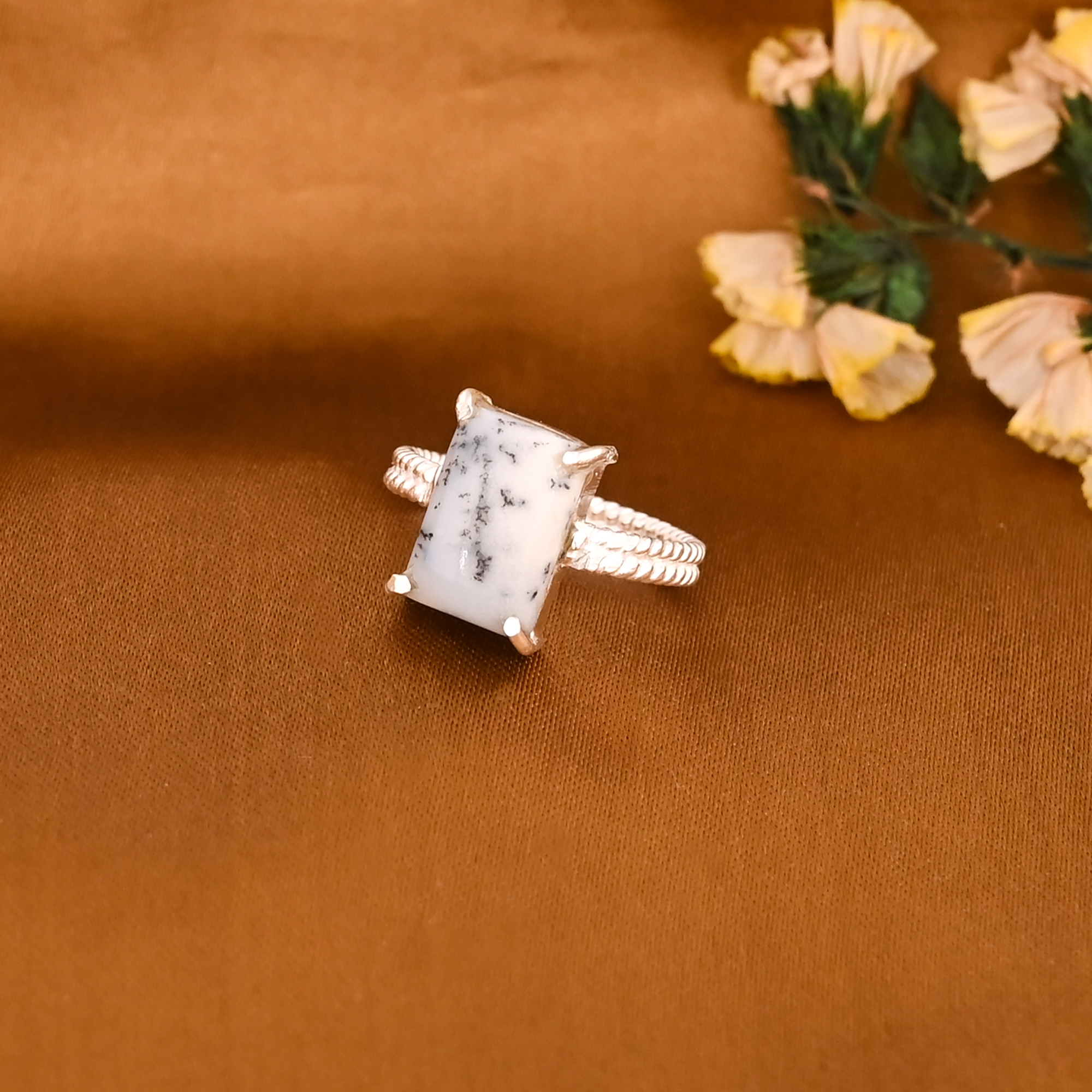 Natural Dendritic Opal Gemstone Brass Ring Handmade Jewelry for Women