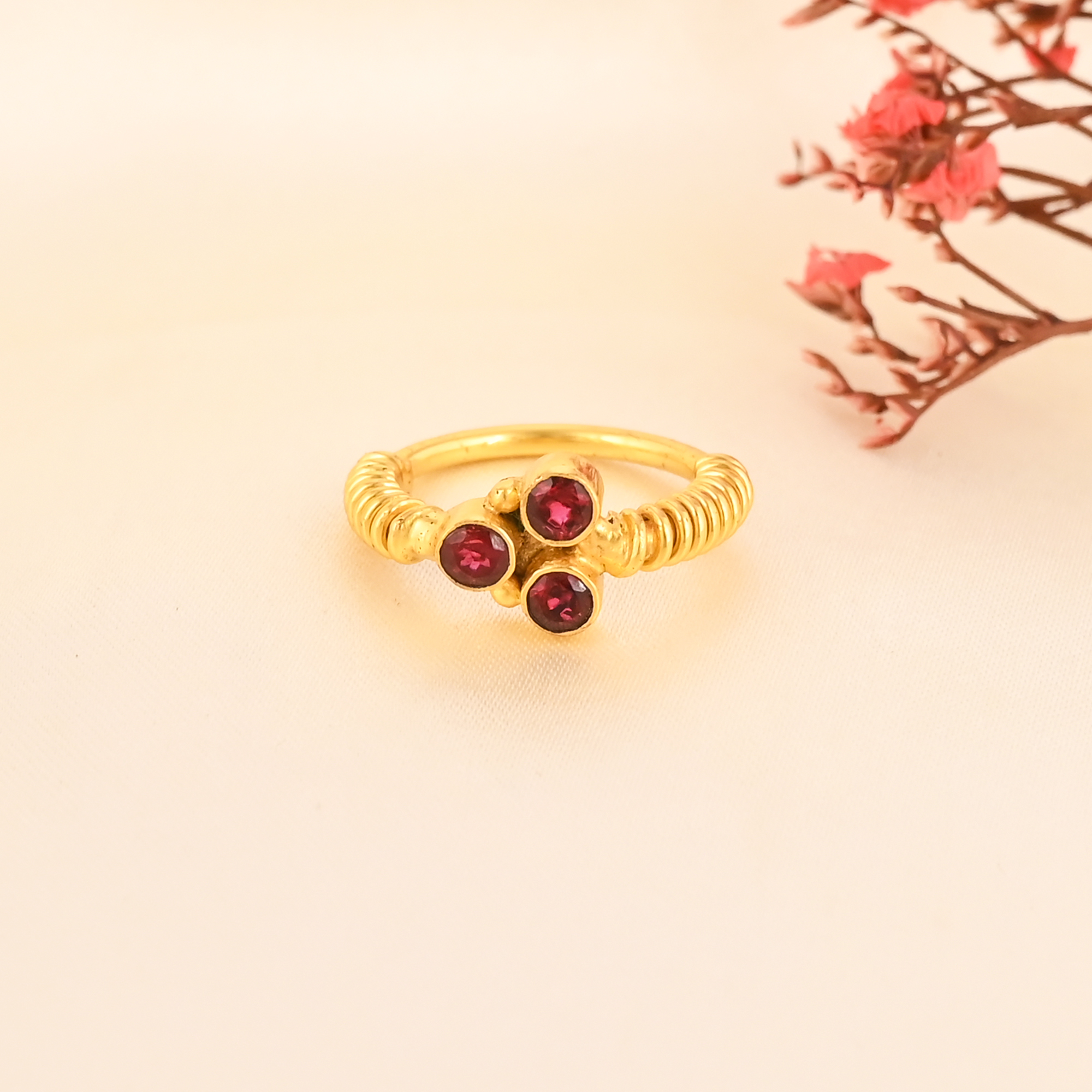 Elegant Garnet Hydro Three Stone Brass Ring Handmade Designer Jewelry