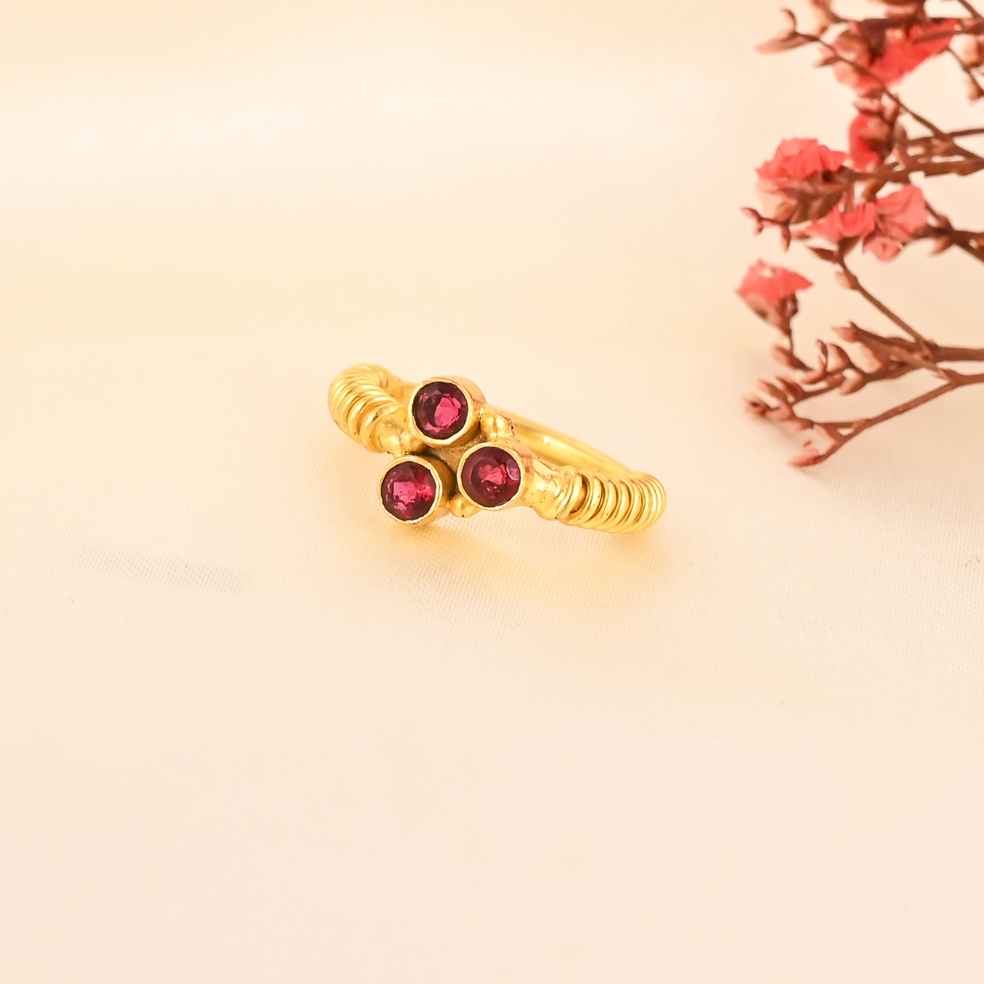 Elegant Garnet Hydro Three Stone Brass Ring Handmade Designer Jewelry