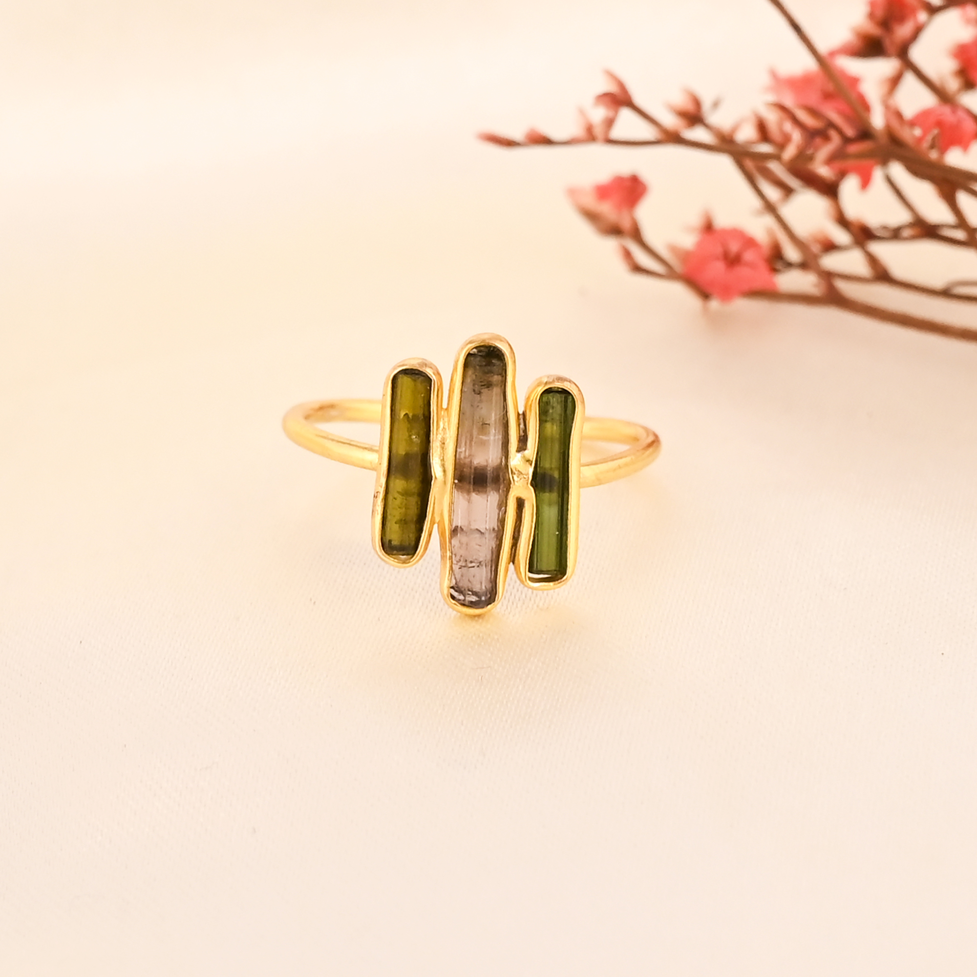 Natural Multi Tourmaline Stick Brass Adjustable Ring Gold Plated Jewelry