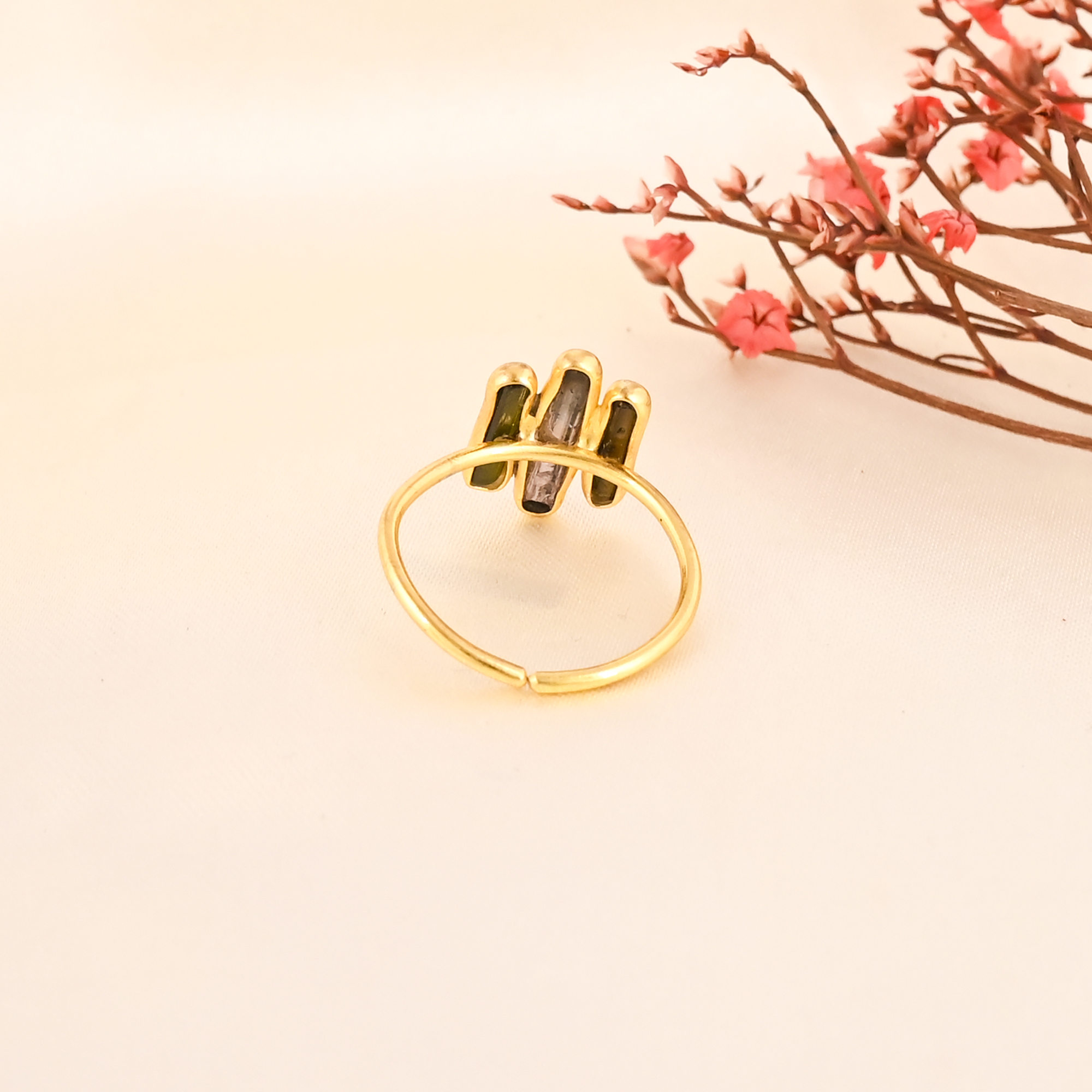 Natural Multi Tourmaline Stick Brass Adjustable Ring Gold Plated Jewelry