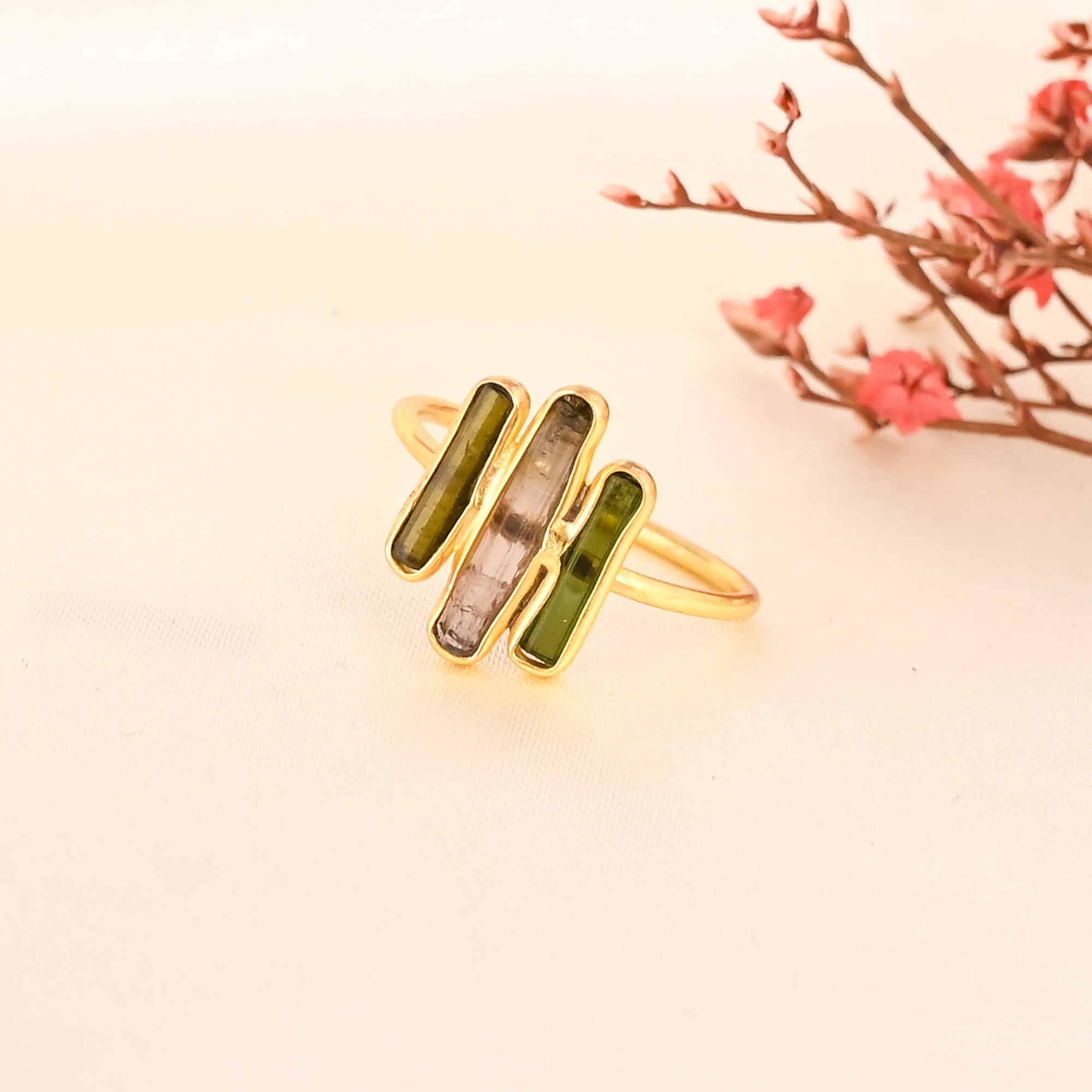 Natural Multi Tourmaline Stick Brass Adjustable Ring Gold Plated Jewelry