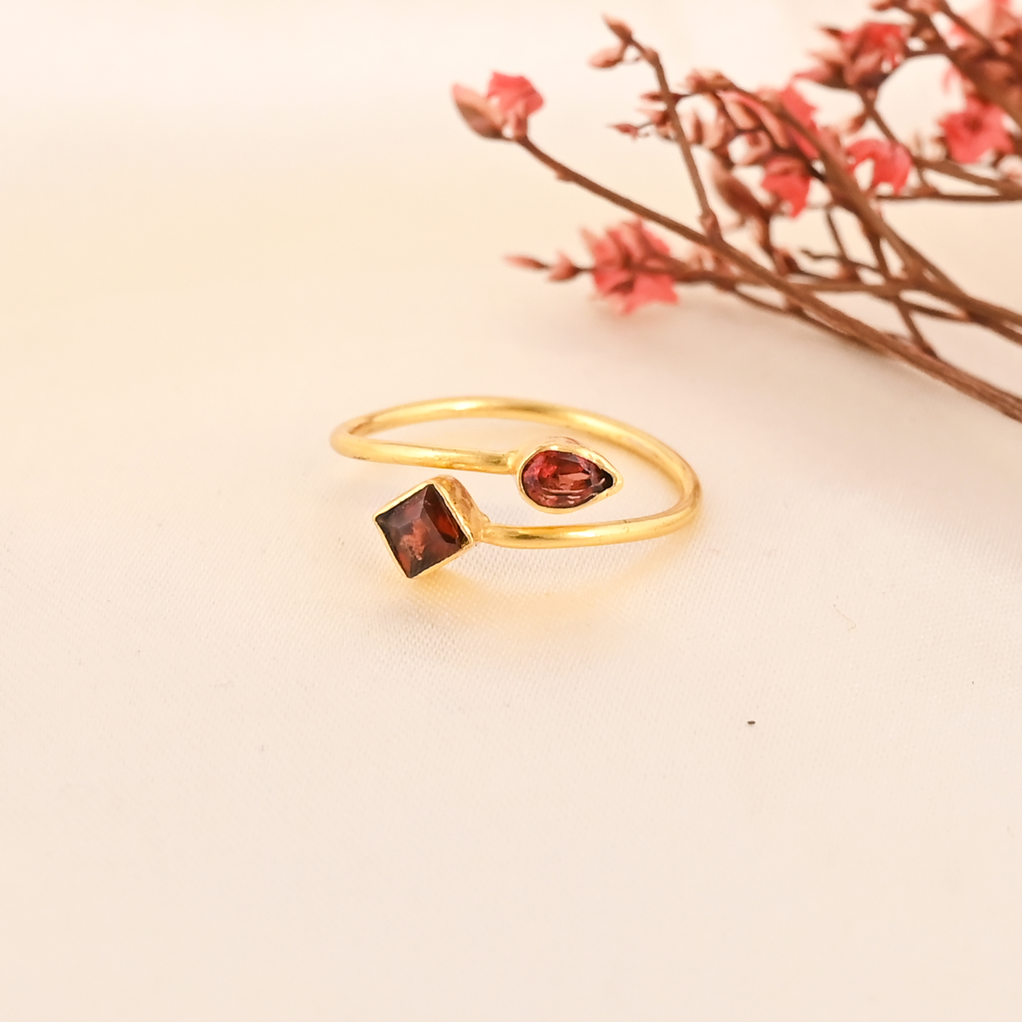 Minimalist Natural Garnet Gemstone Brass Ring Handmade Jewelry for Women