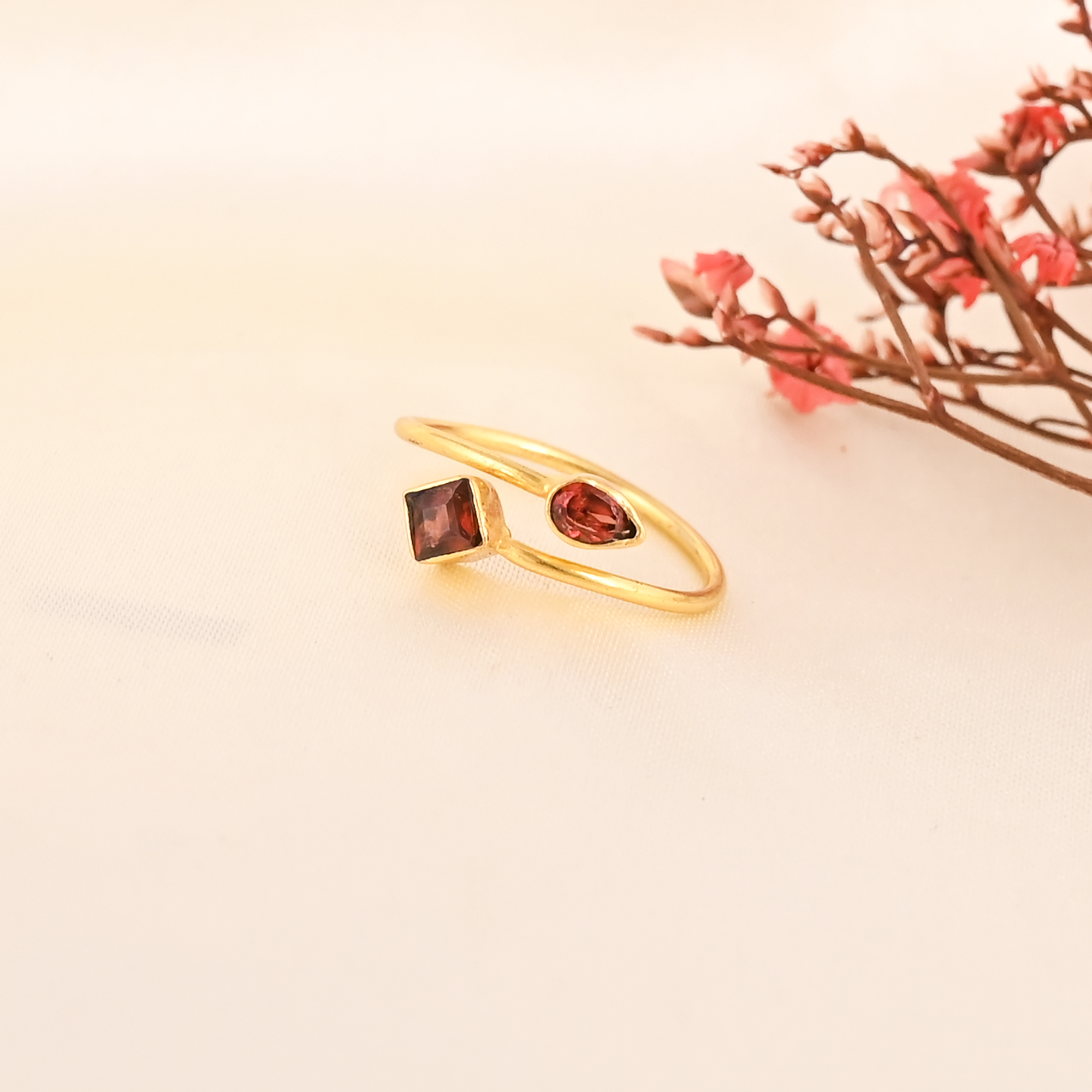 Minimalist Natural Garnet Gemstone Brass Ring Handmade Jewelry for Women