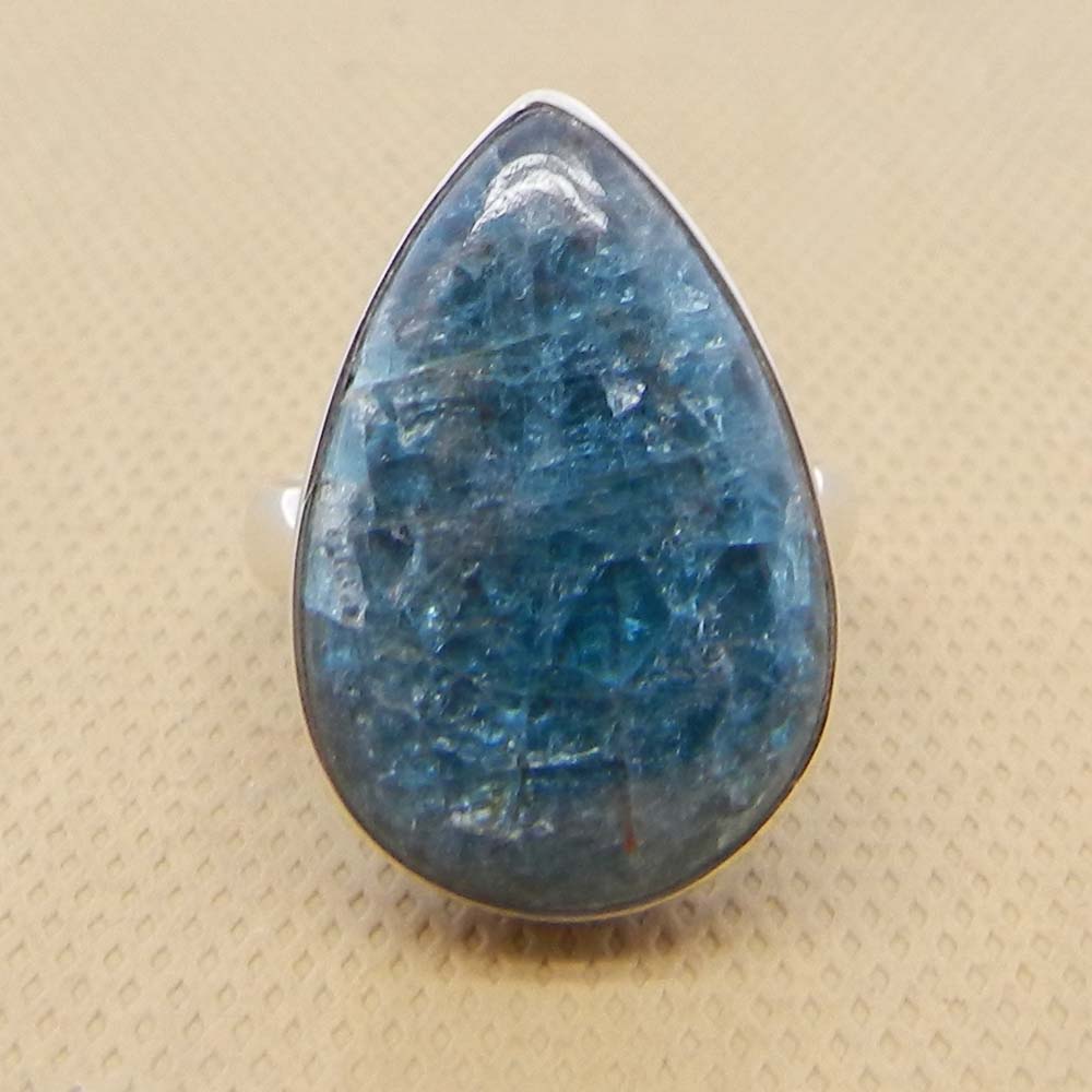 Neon Apatite 23x16mm Pear 925 Sterling Silver Bezel Set Ring