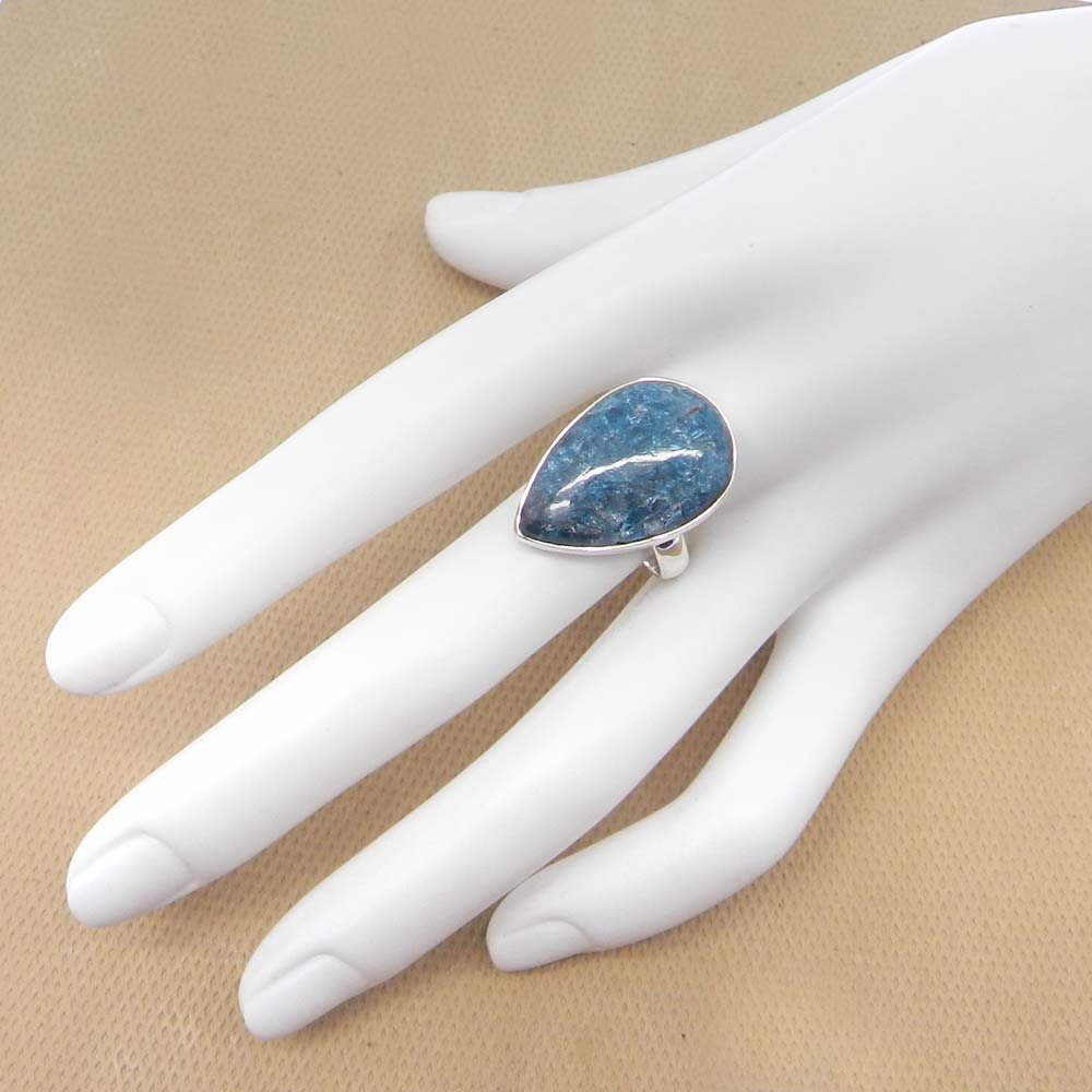 Neon Apatite 23x16mm Pear 925 Sterling Silver Bezel Set Ring
