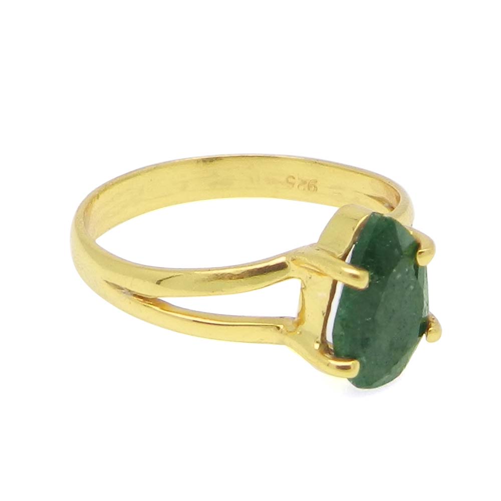 Emerald Corundum 9x6mm Pear 18k Gold Plated Silver Prong Set Ring