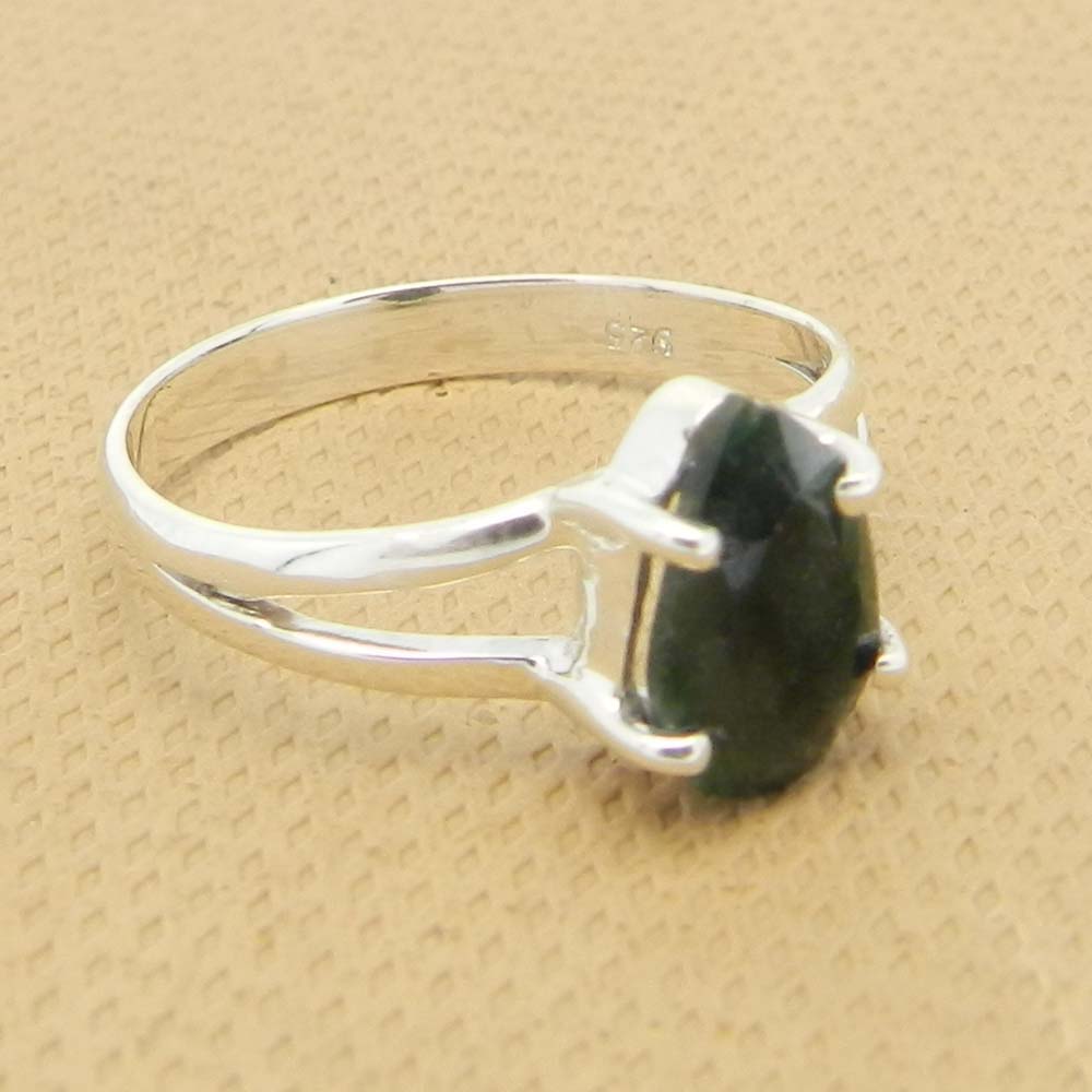 Emerald Corundum 9x6mm Pear 18k Gold Plated Silver Prong Set Ring