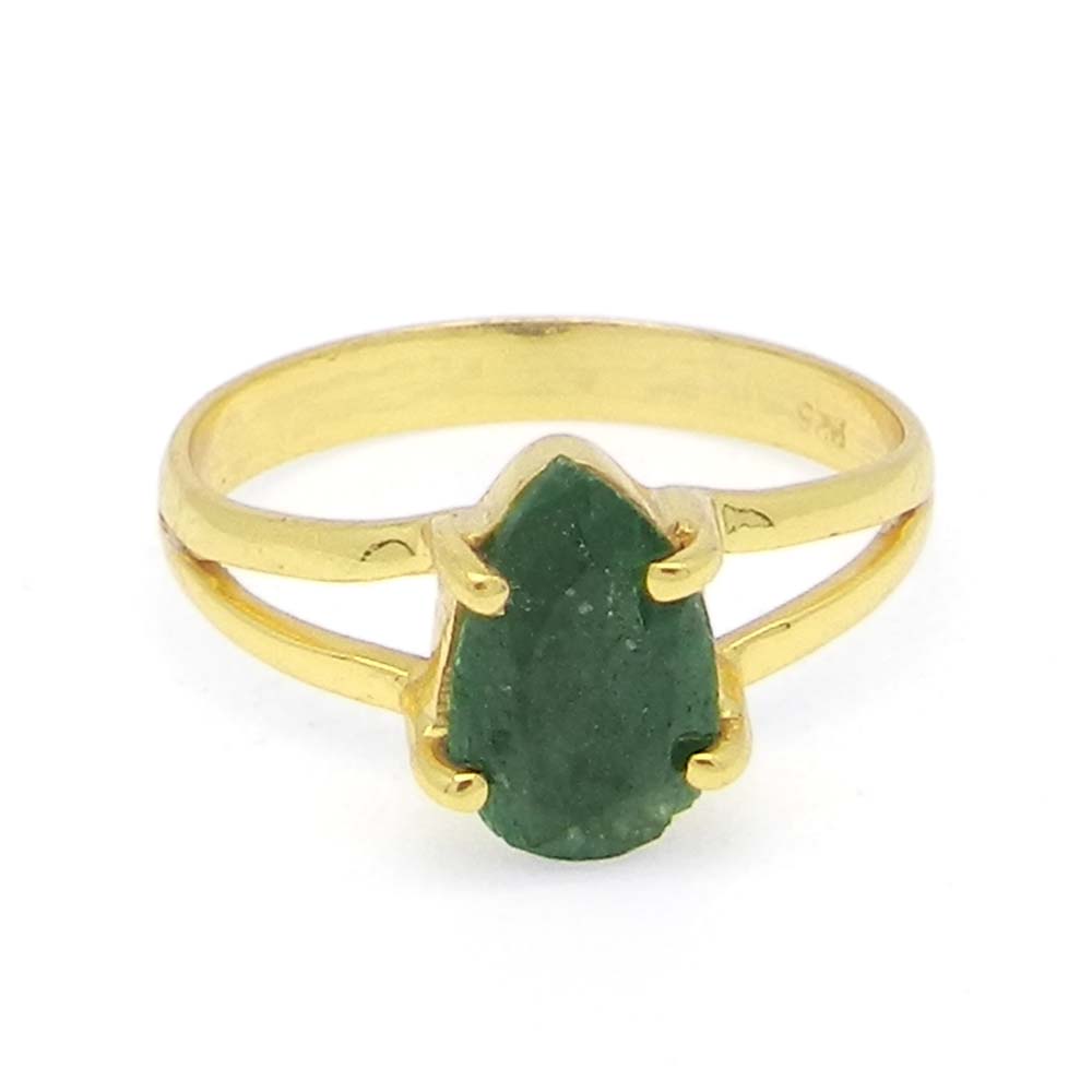 Emerald Corundum 9x6mm Pear 18k Gold Plated Silver Prong Set Ring