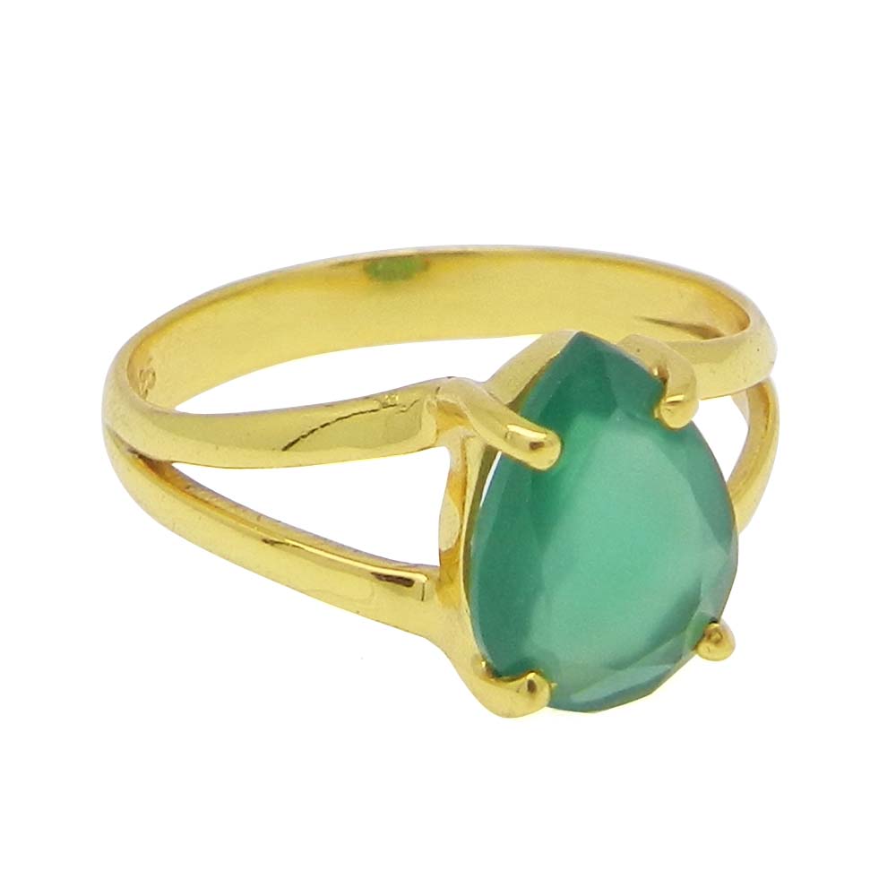 Green Onyx 10x7mm Pear 18k Gold Plated Silver Prong Set Ring