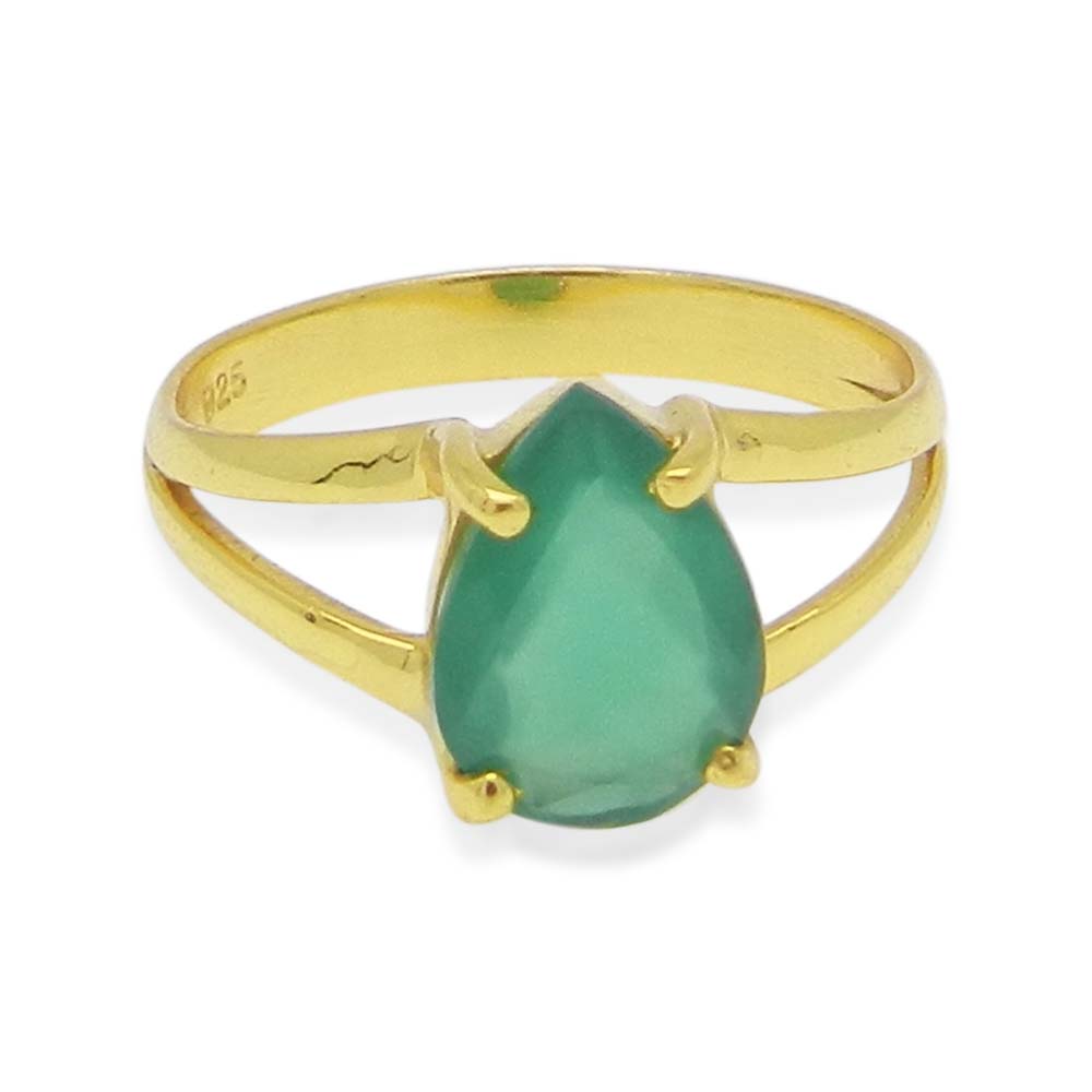 Green Onyx 10x7mm Pear 18k Gold Plated Silver Prong Set Ring