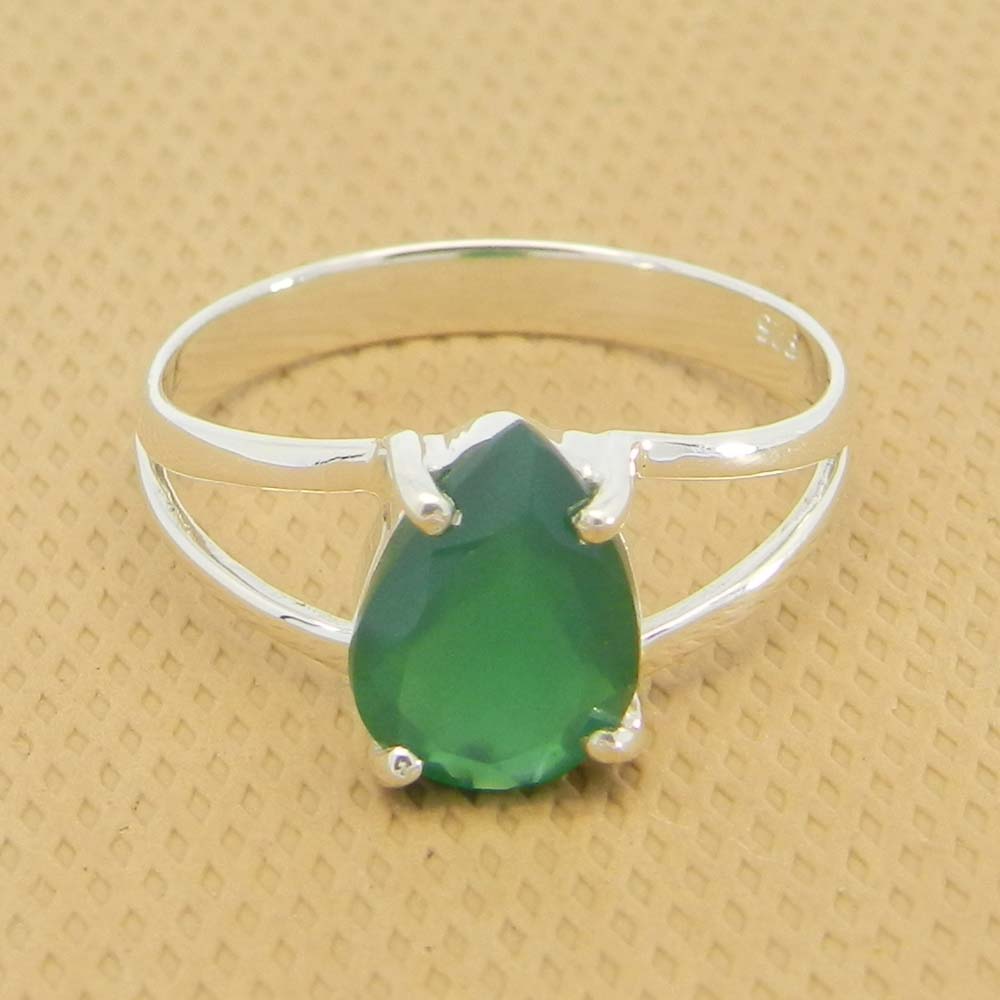 Green Onyx 10x7mm Pear 18k Gold Plated Silver Prong Set Ring