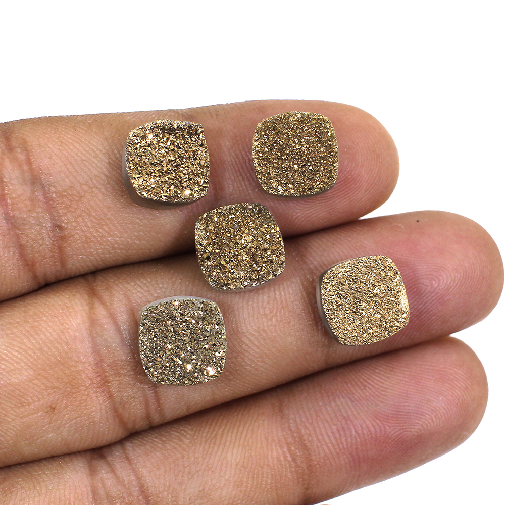 5 Pcs Golden Druzy 10x10mm Cushion 18 Cts